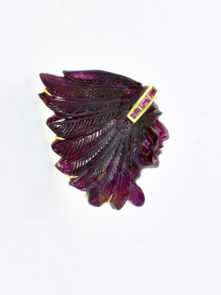 18K and Carved Rubelite of a American Indian Vintage Brooch/Pendant, by Alopa. 1