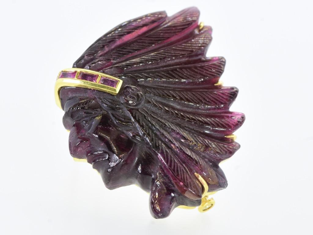 18K and Carved Rubelite of a American Indian Vintage Brooch/Pendant, by Alopa. 2