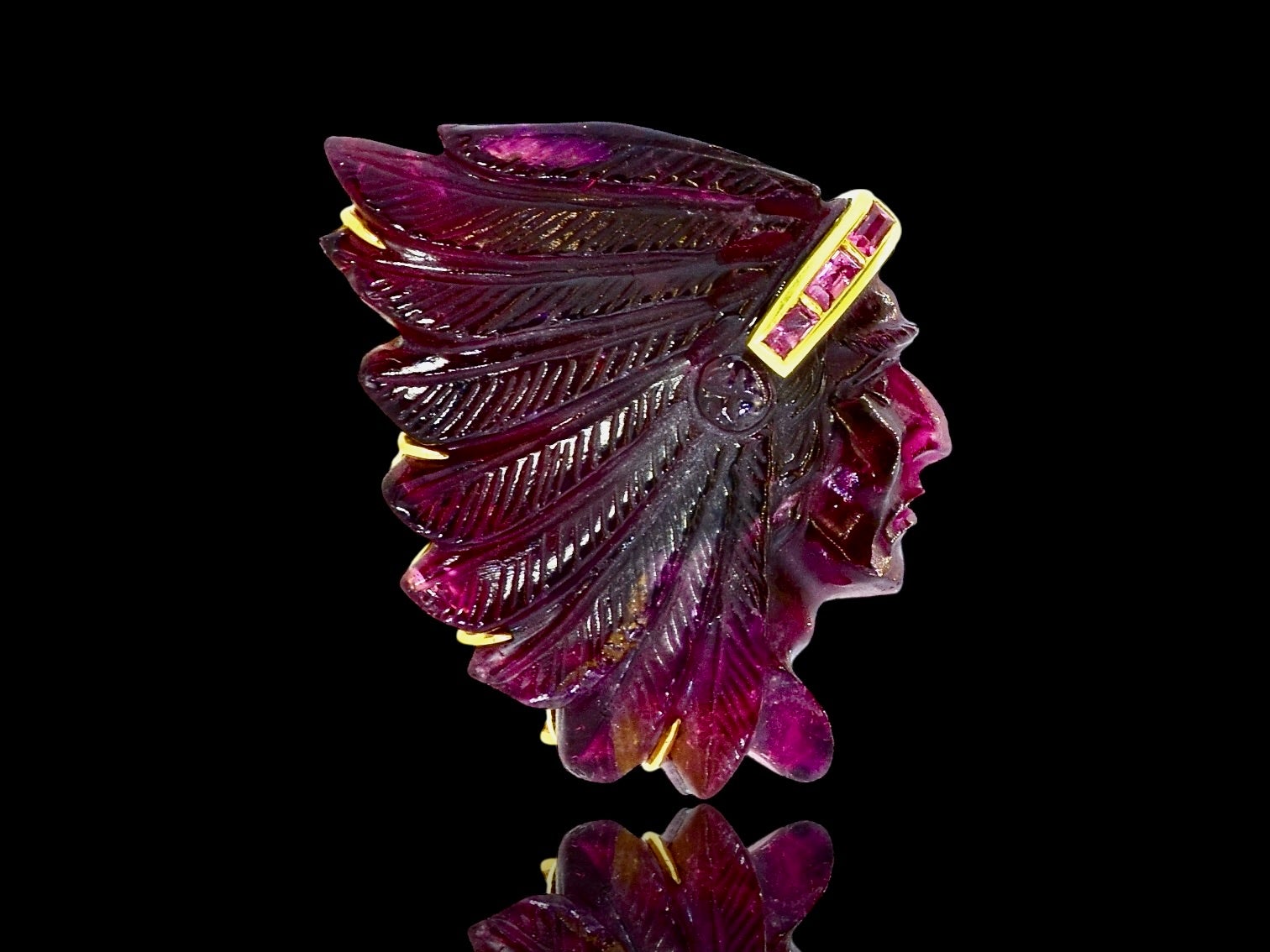 18K and Carved Rubelite of a American Indian Vintage Brooch/Pendant, by Alopa.