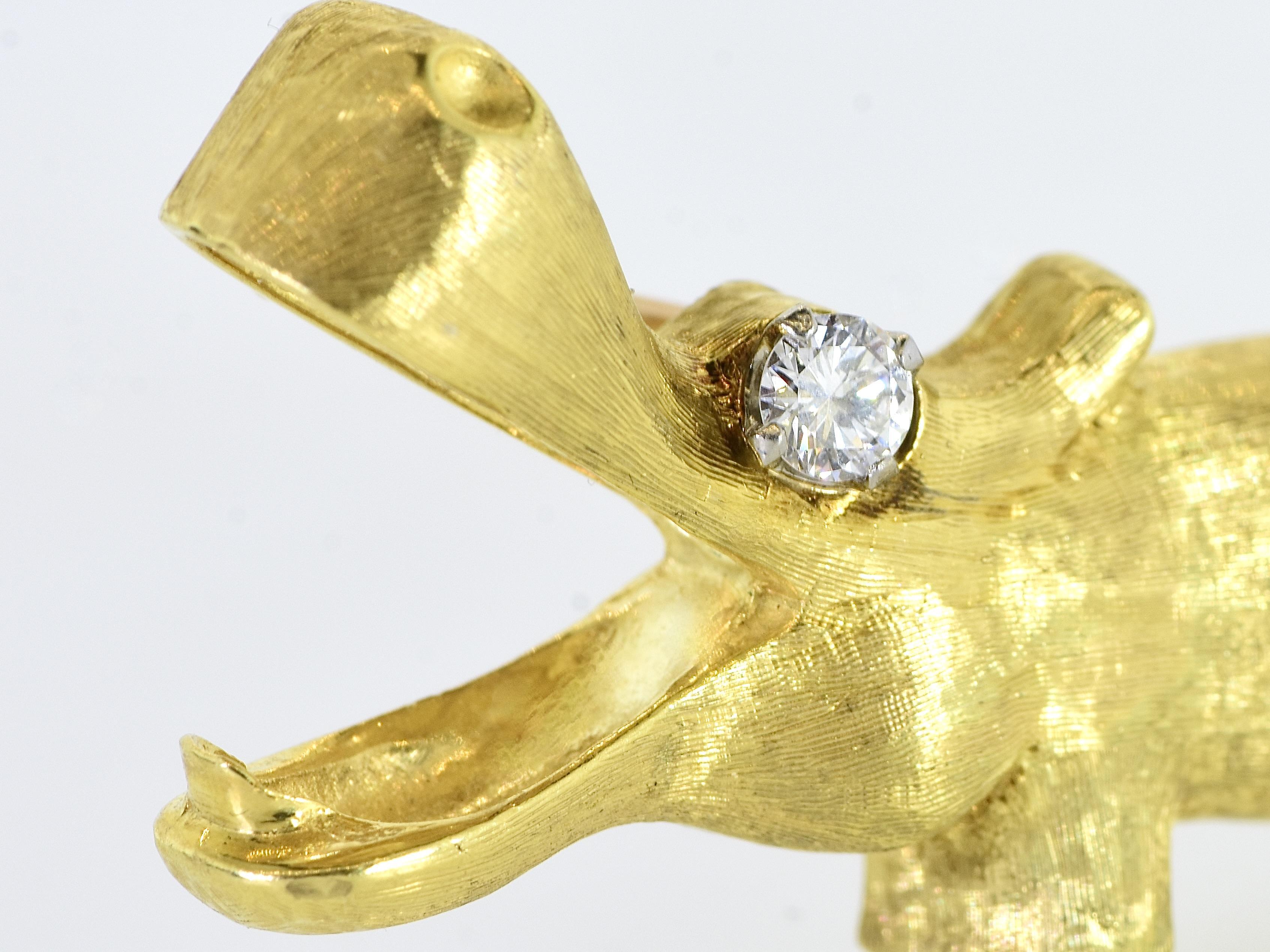 Contemporary 18K and Diamonds a Heavy Hippo Vintage Brooch by Cellino. For Sale