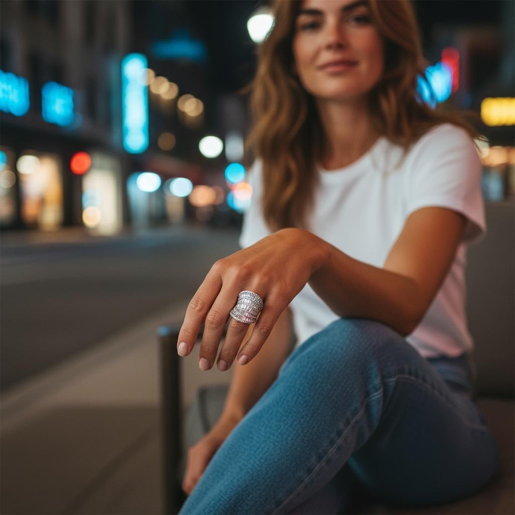 This impressive 18K white gold contemporary ring possesses an exact diamond weight of 6.53 cts. The diamonds are all near colorless, H, and very slightly included VS.  The top of this ring measures 1.38 inches.  On the interior the ring is stamped