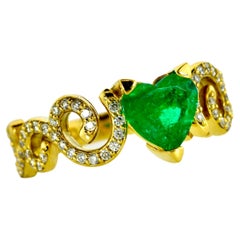 18k and Fine Emerald Heart and Diamond Contemporary Ring