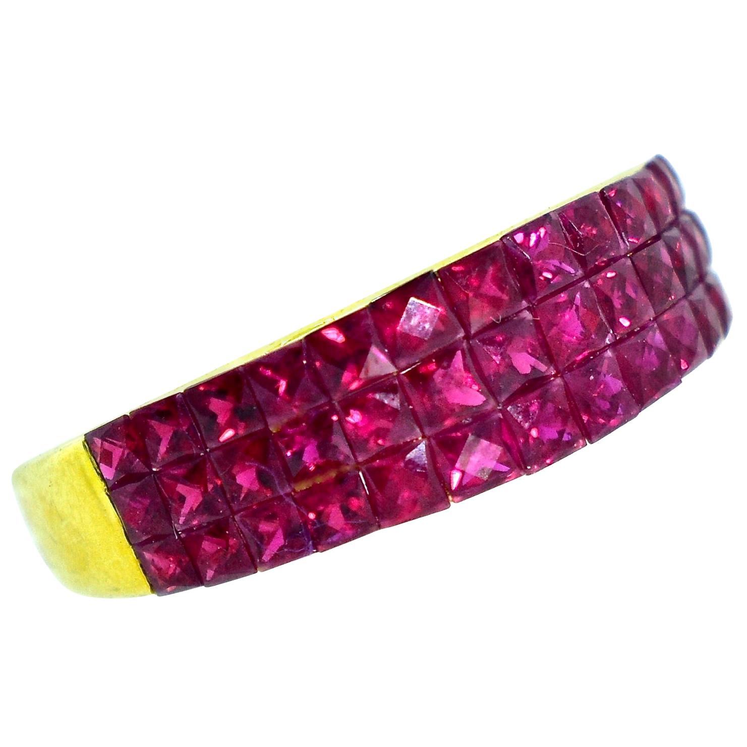 Contemporary 18K and Invisibly Set Natural Fancy Cut Ruby Ring