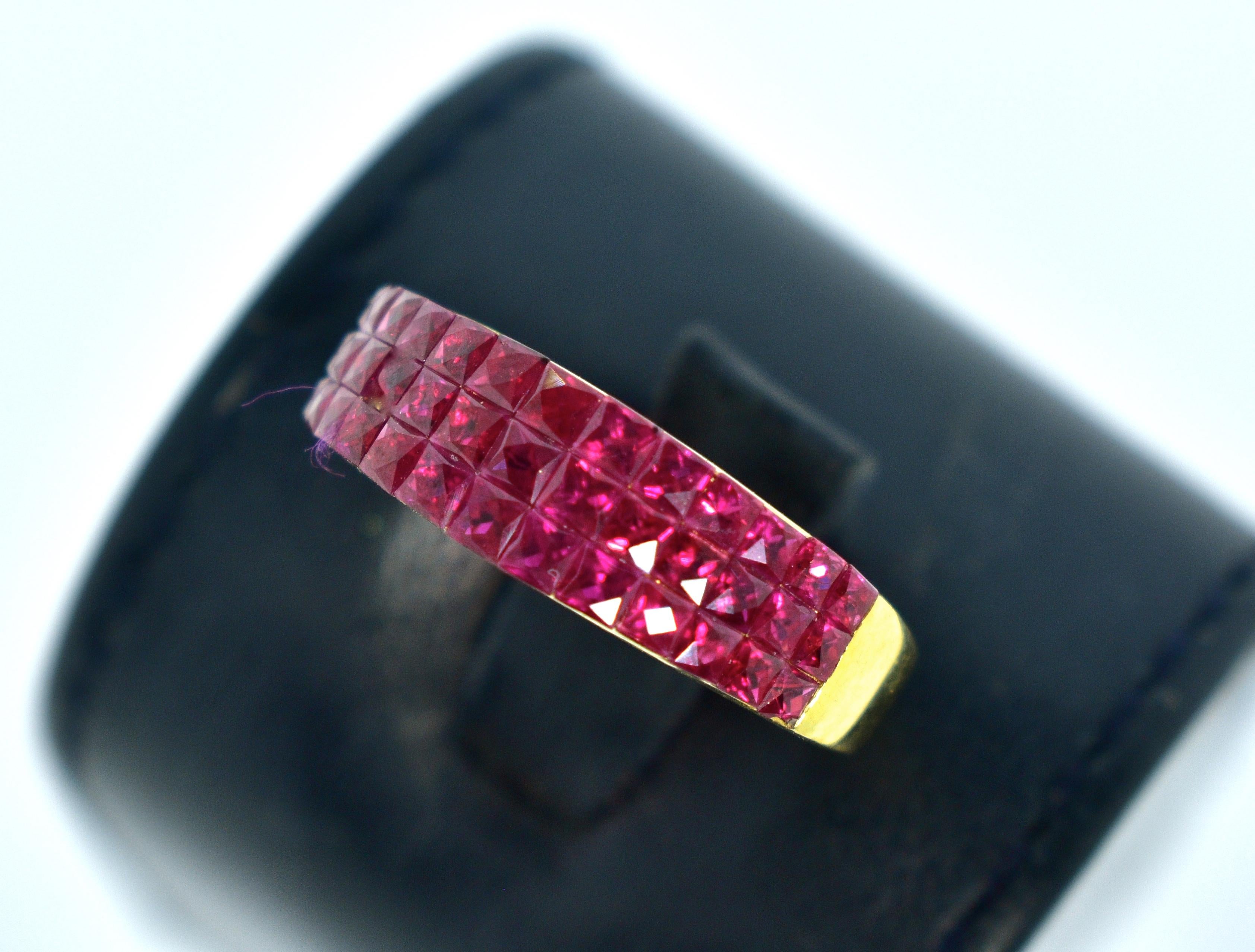 Women's or Men's 18K and Invisibly Set Natural Fancy Cut Ruby Ring