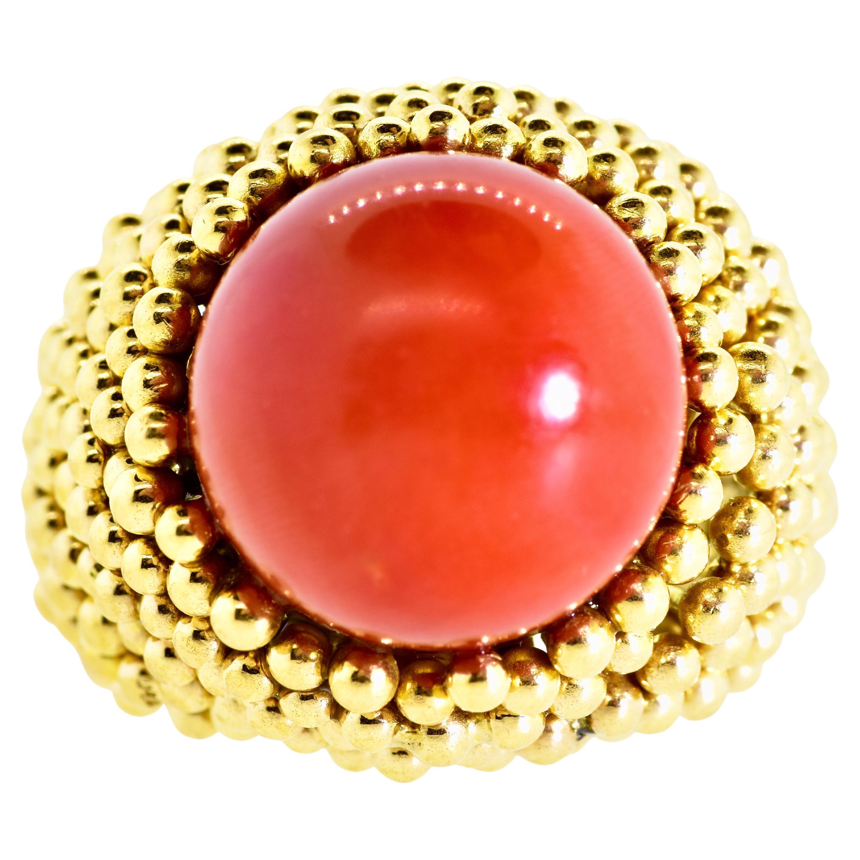 Modernist 18K and Ox Blood Red Coral Large and Bold Vintage Ring, Circa 1960 For Sale