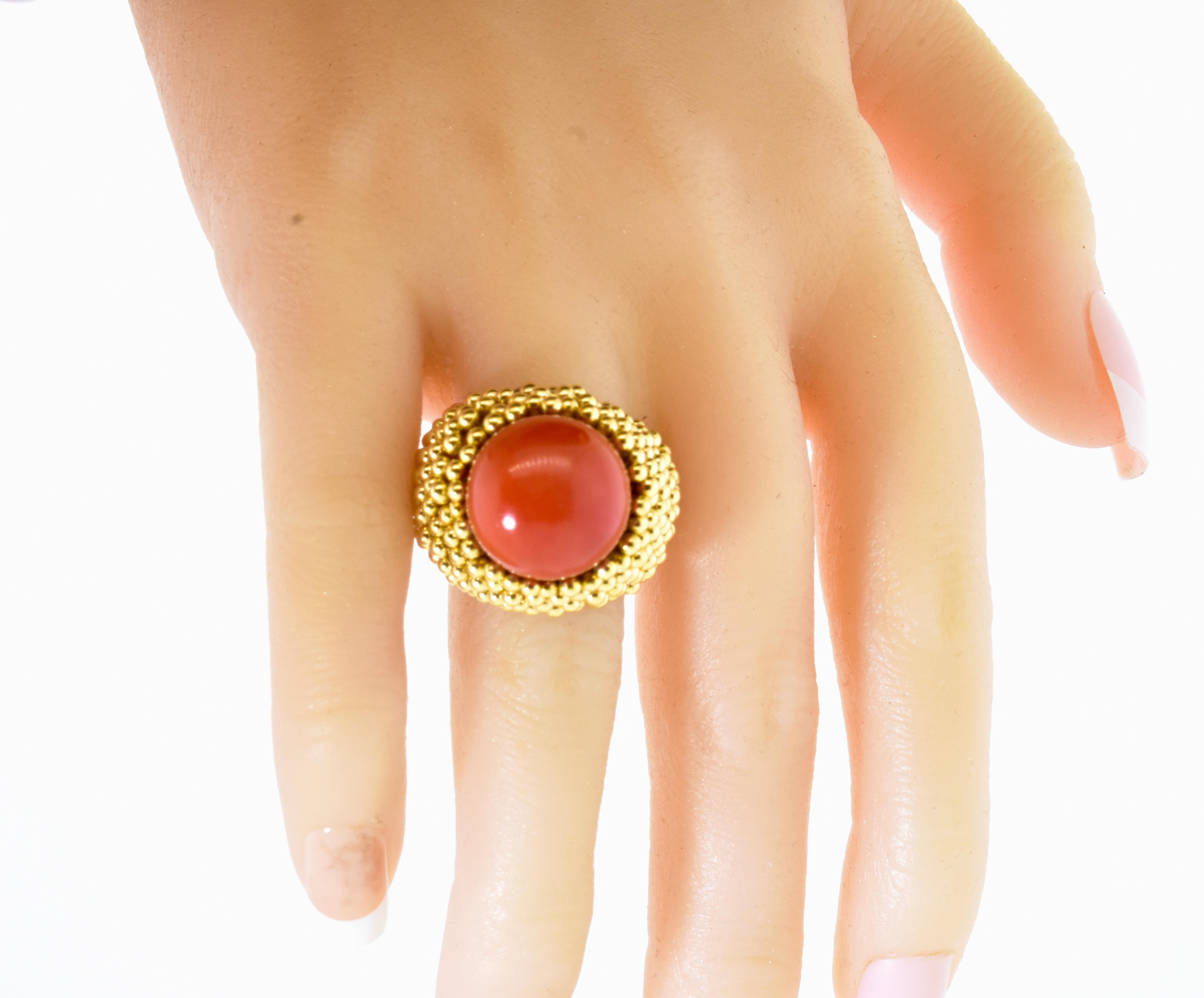 Women's 18K and Ox Blood Red Coral Large and Bold Vintage Ring, Circa 1960 For Sale