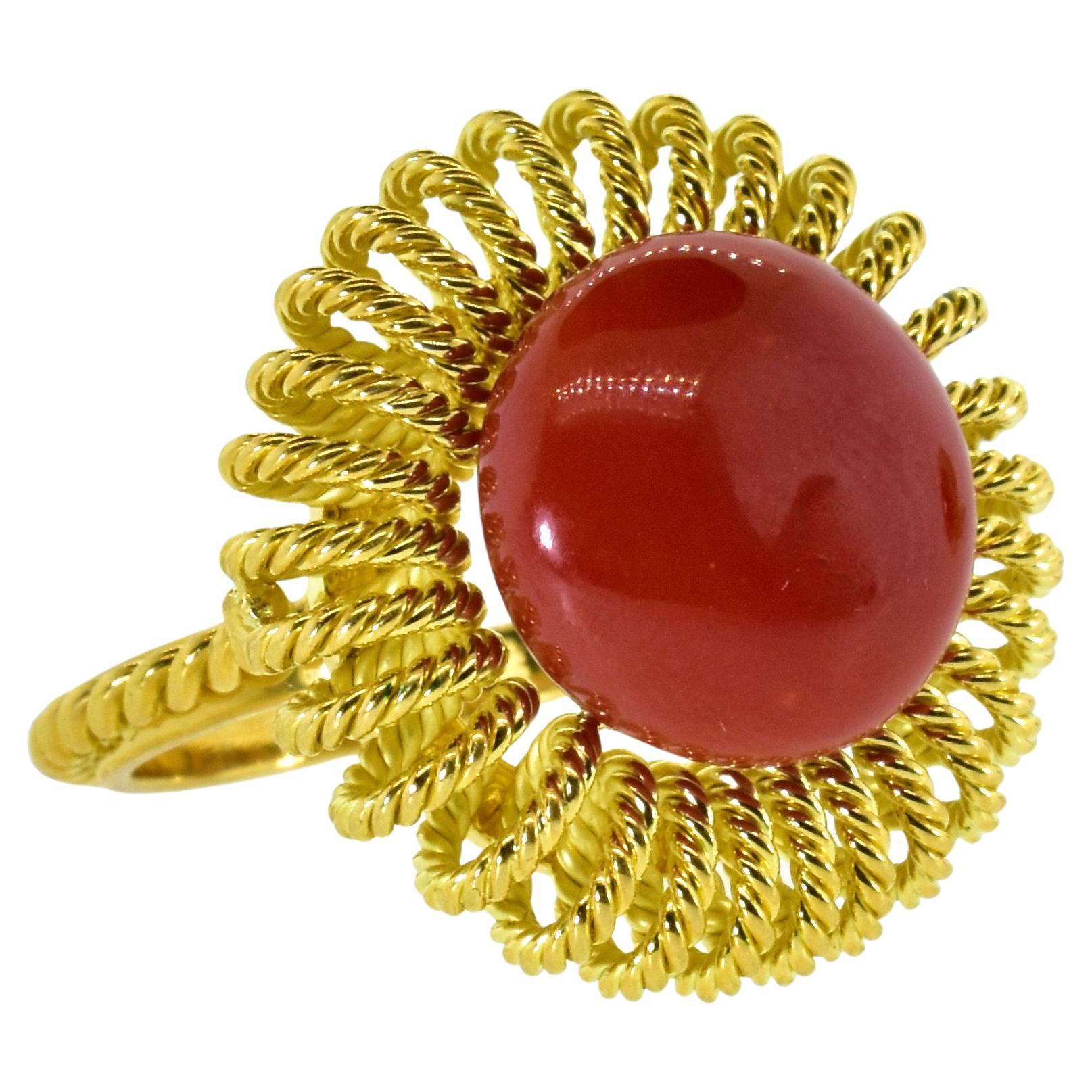 18K and Oxblood Red Mediterranean Coral Vintage Ring, circa 1950. For Sale