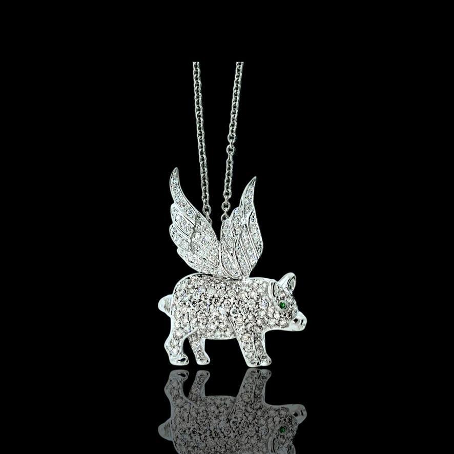 Contemporary 18K and Pave set Fine Diamond Pendant/Pin of a Flying Pig.