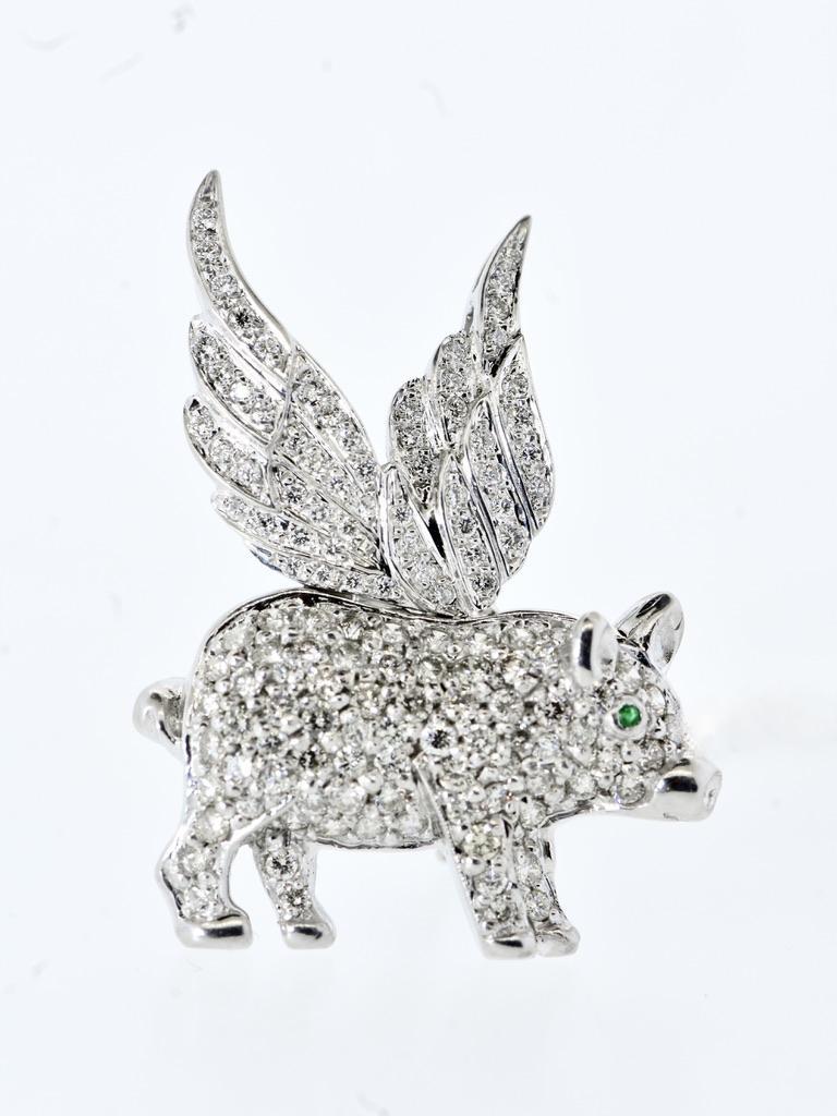 Brilliant Cut 18K and Pave set Fine Diamond Pendant/Pin of a Flying Pig.