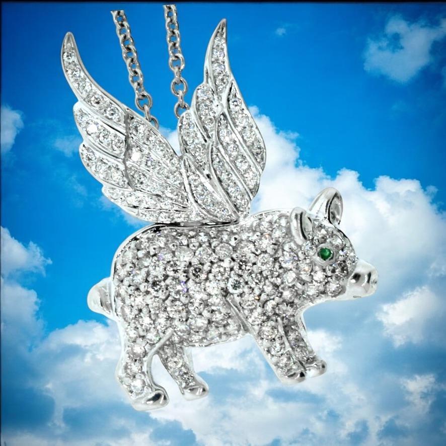 Women's or Men's 18K and Pave set Fine Diamond Pendant/Pin of a Flying Pig.