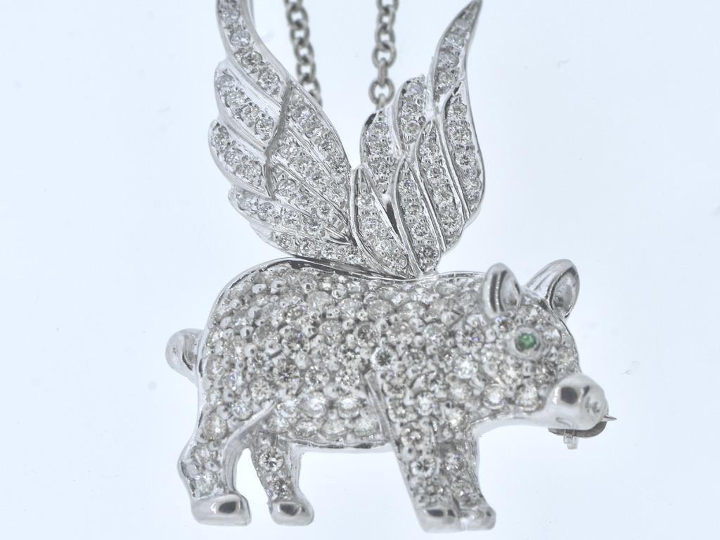 18K and Pave set Fine Diamond Pendant/Pin of a Flying Pig. 2