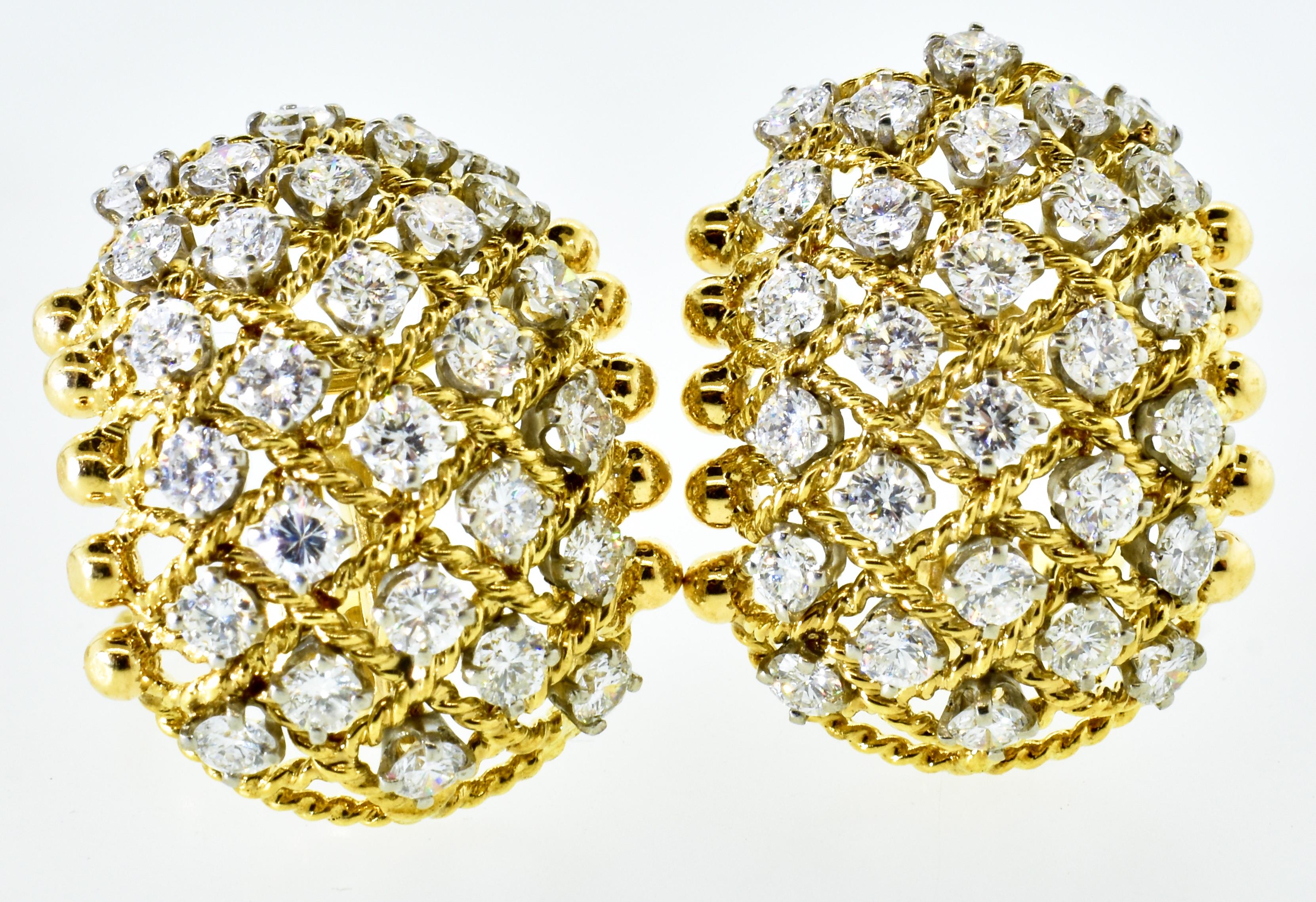 !8K yellow and white gold and fine white brilliant cut diamond vintage earrings.  Well made with fine well matched, finely cut stones - all near colorless (H) and very slightly included (VS1).  The 6 cts. of diamonds are set in Platinum prongs which