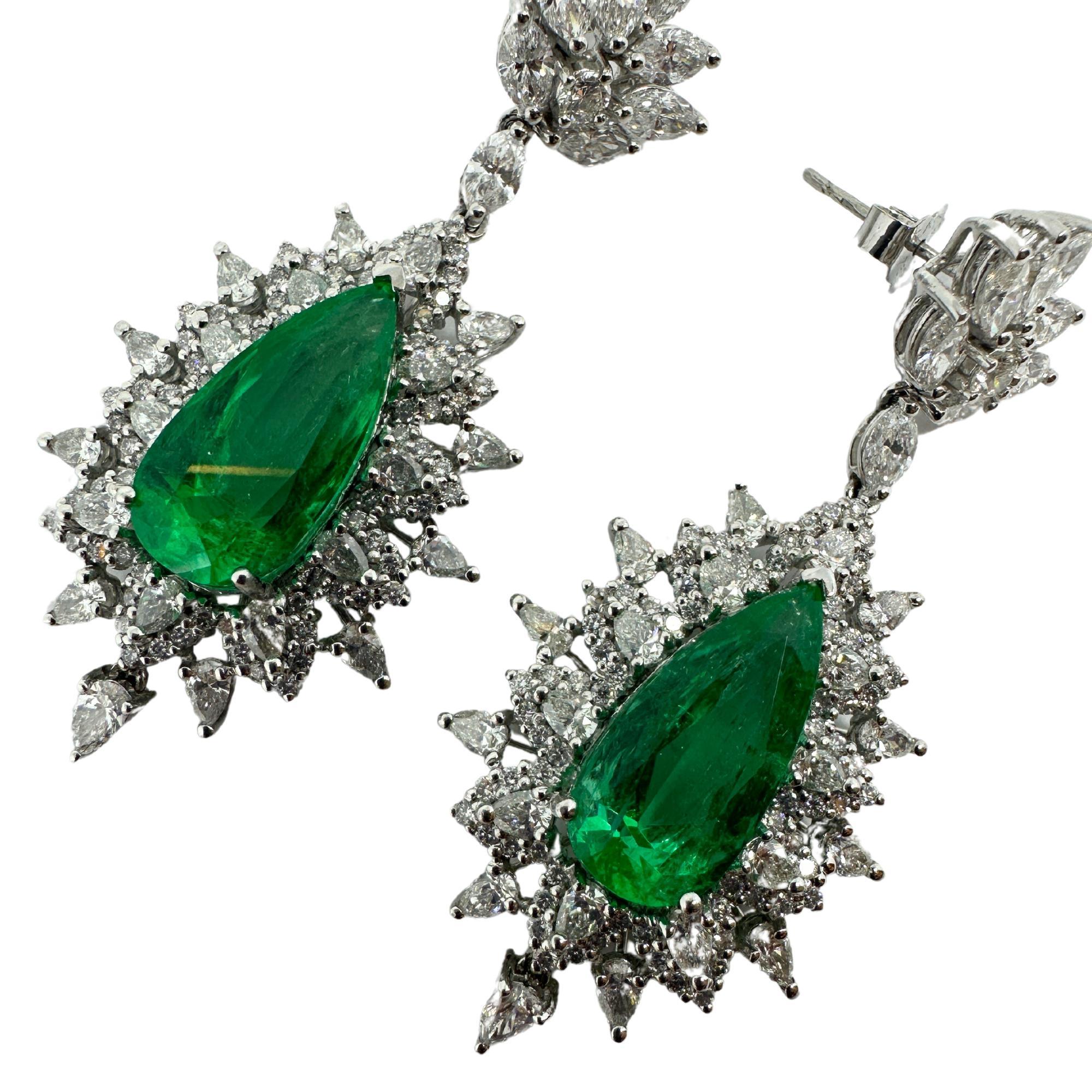 Pear Cut 18k and Platinum Diamond and Emerald Earrings For Sale