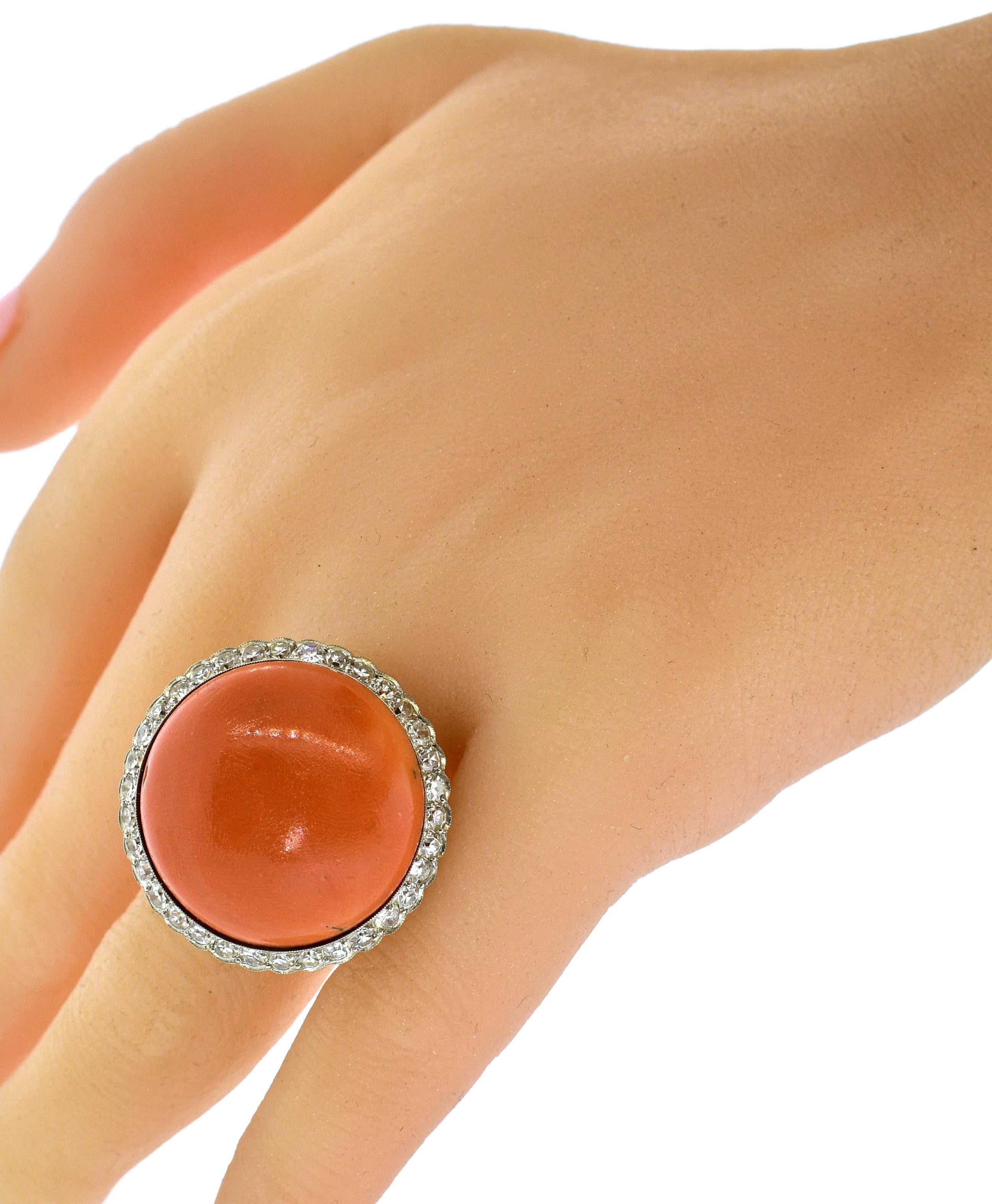 18 Karat and Platinum Natural Coral and Diamond Ring, circa 1940 In Excellent Condition In Aspen, CO