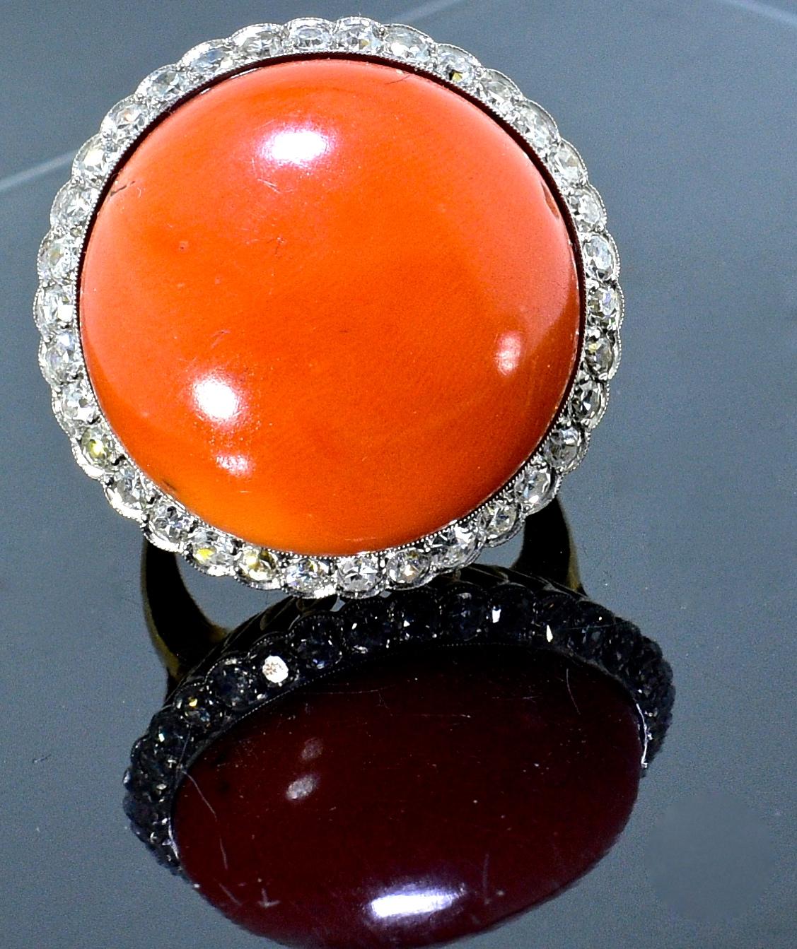 18 Karat and Platinum Natural Coral and Diamond Ring, circa 1940 4