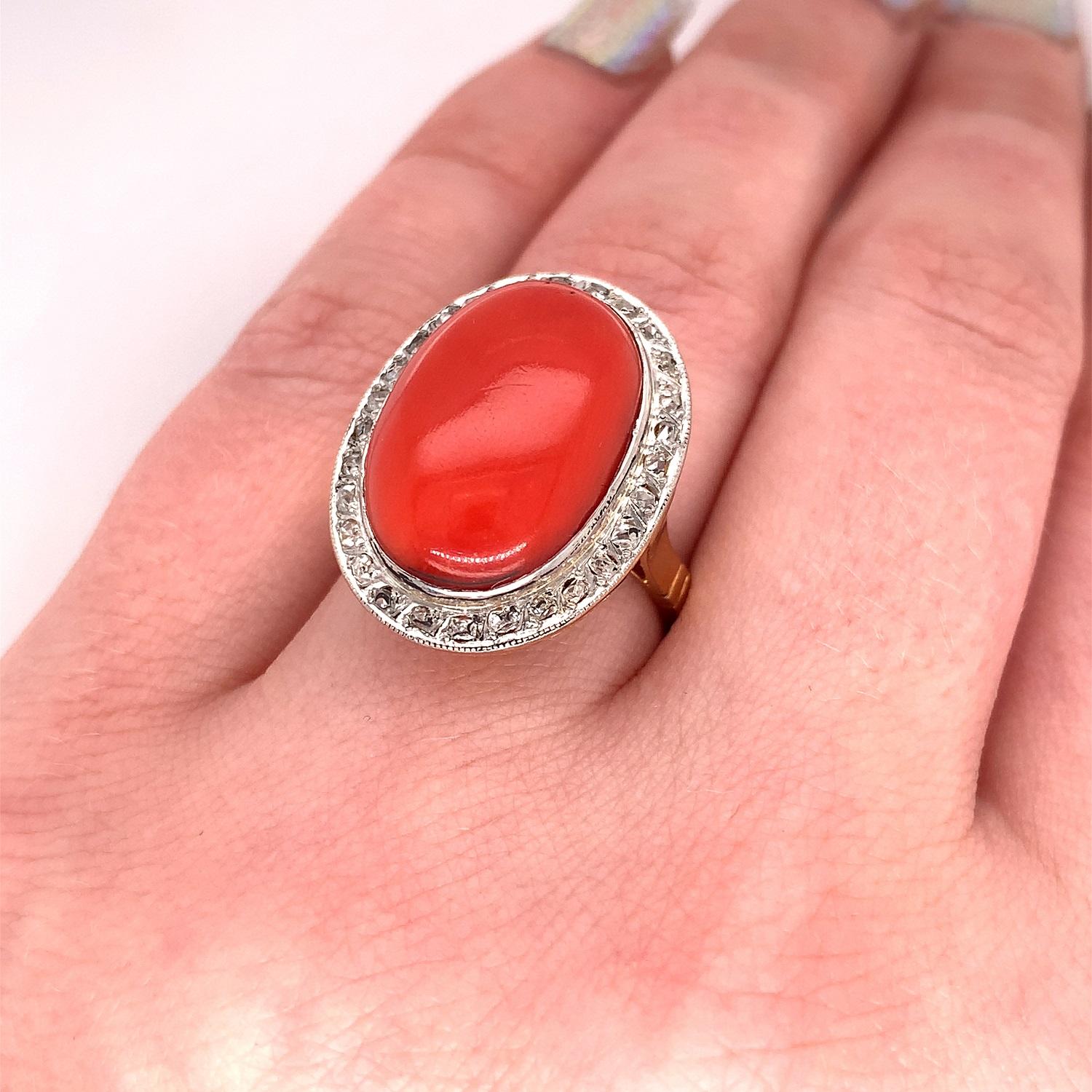 Oval Cut 18K and Platinum Ox Blood Coral and Diamond Ring For Sale