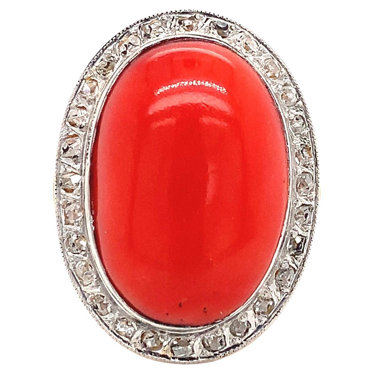18K and Platinum Ox Blood Coral and Diamond Ring