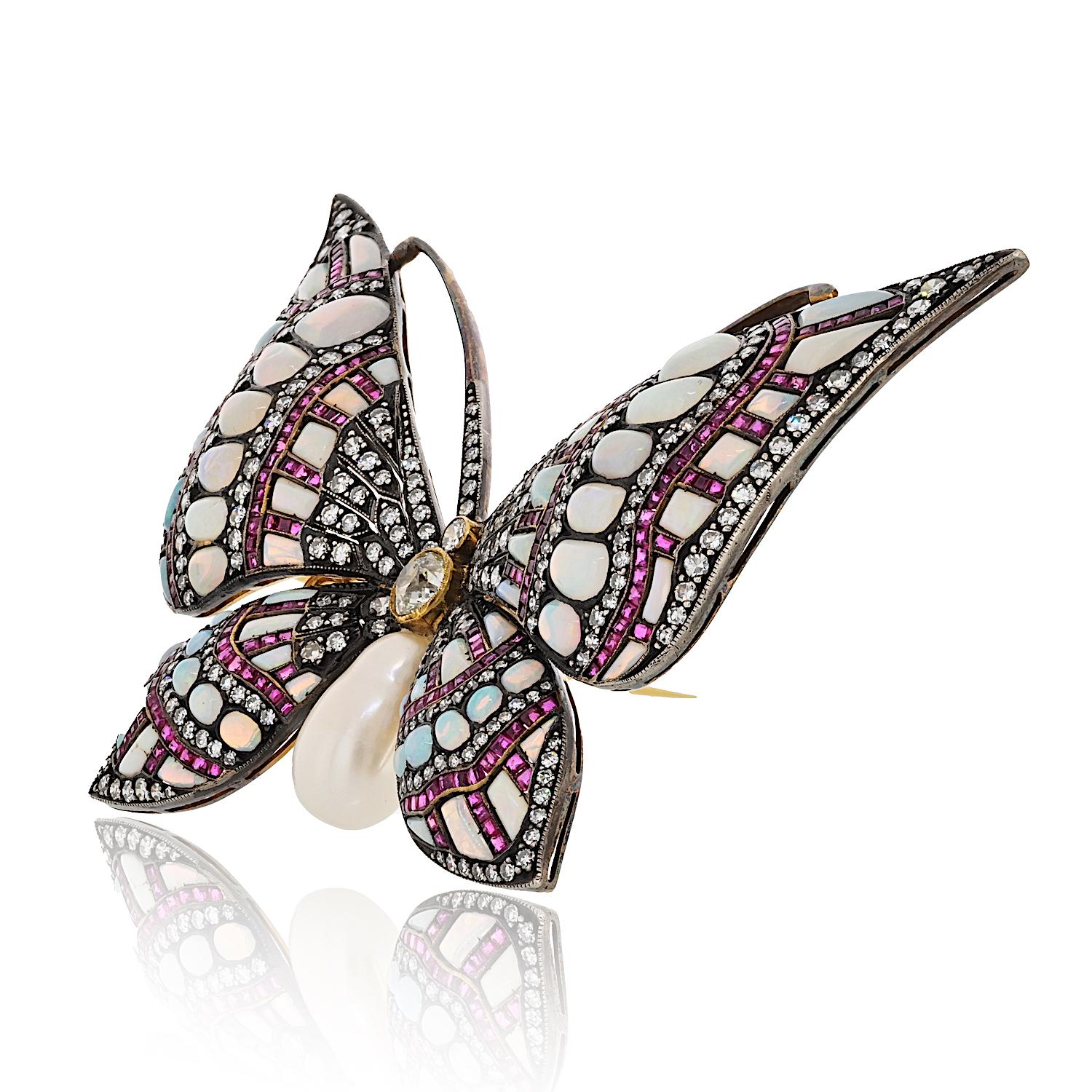 Broche Mariposa Ópalo, Rubí, Perla y Diamantes de 18 K y Plata Moderno en venta