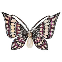 18K and Silver Opal, Ruby, Pearl And Diamond Butterfly Brooch