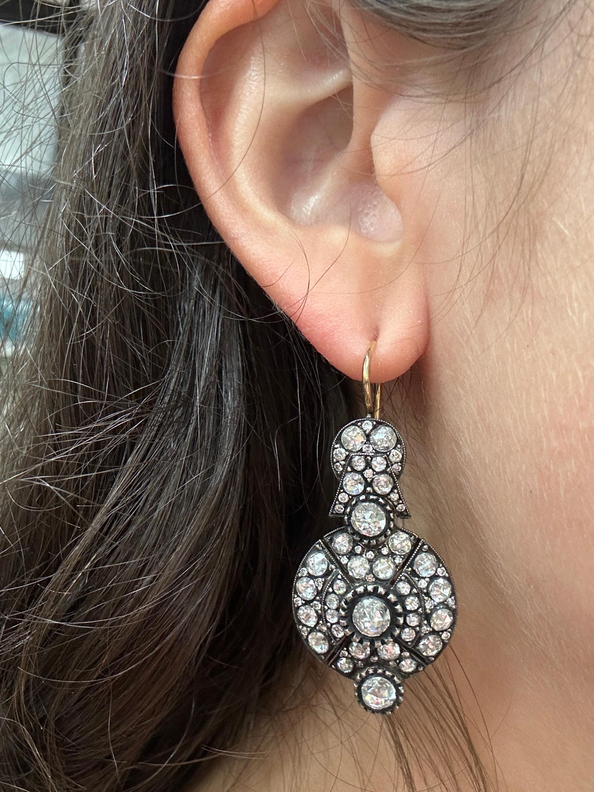 18k and Silver Rose Cut Diamond Earrings For Sale 3