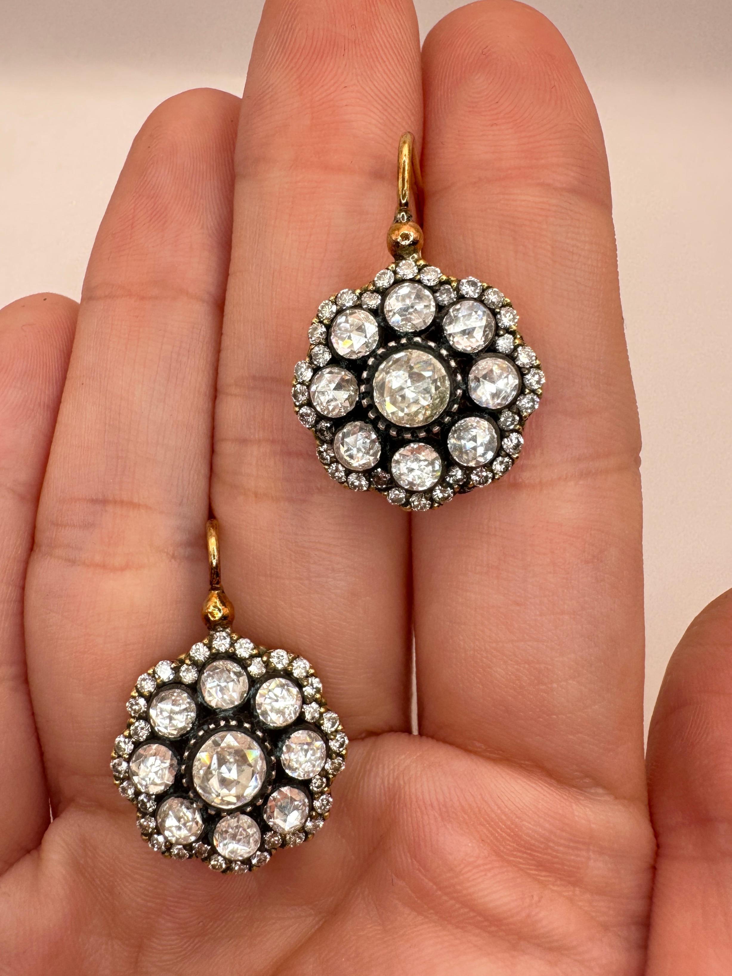18k and Silver Top Rose Cut Diamond Flower Earrings For Sale 1