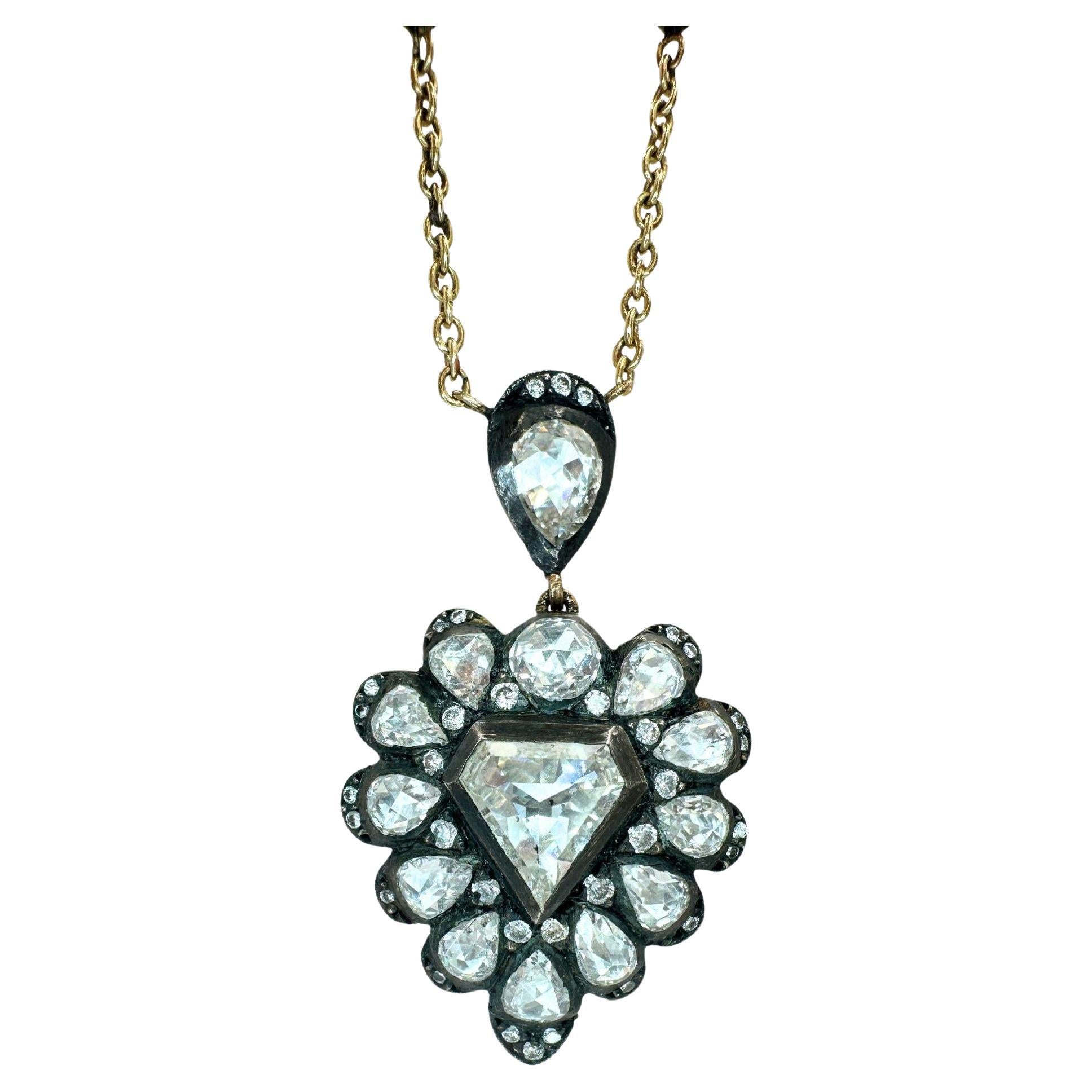 18k and Silver Top Rose Cut Diamond Necklace For Sale