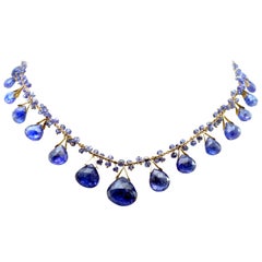 grading tanzanite 18k and Tanzanite Briolette Necklace with Faceting Grade Tanzanite Beads in 18k