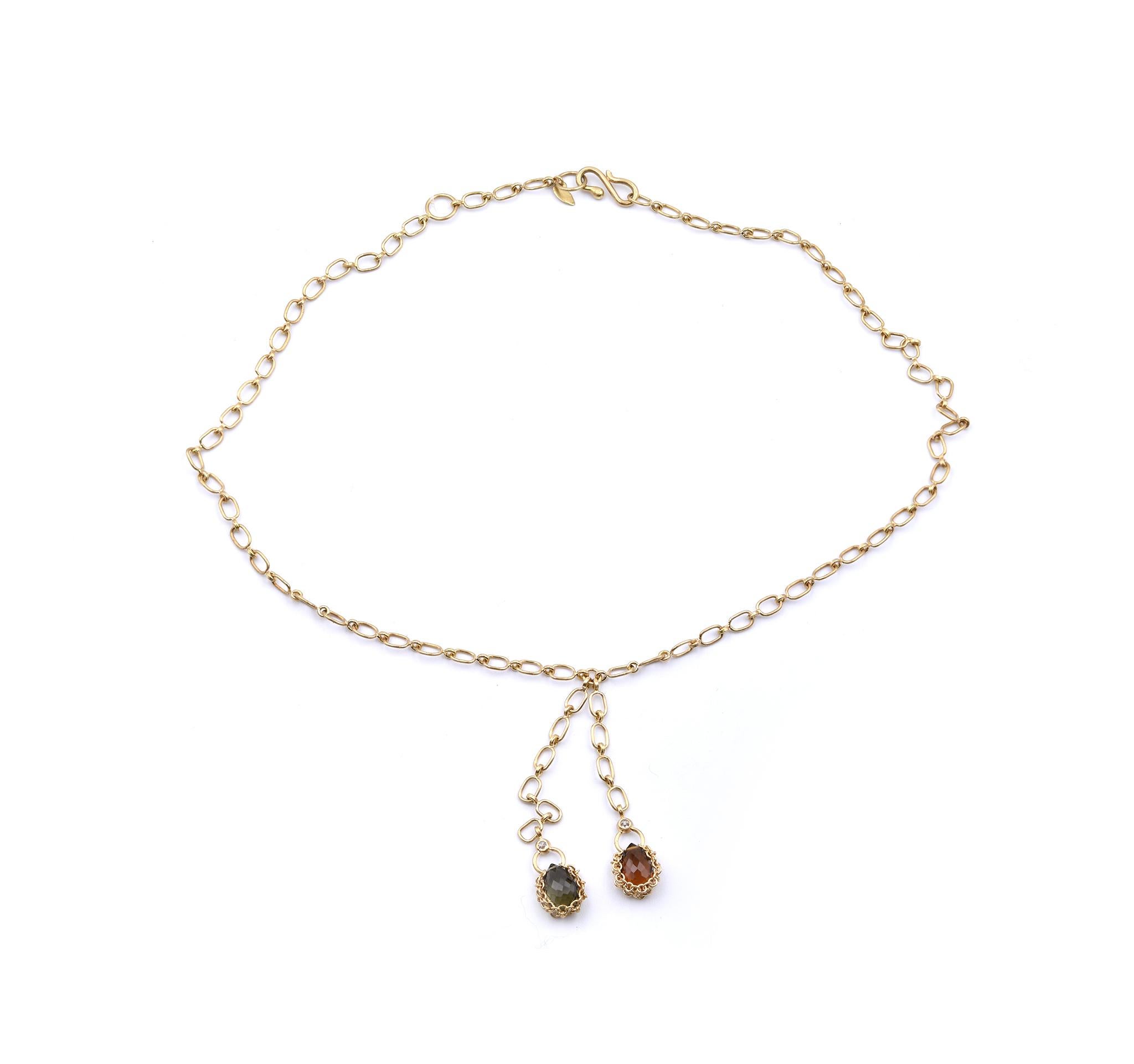 Designer: Custom
Material: 18k yellow gold
Gemstone: Green and Golden Tourmaline
Dimensions: necklace measures 16-inches in length
Weight: 10.50 grams
