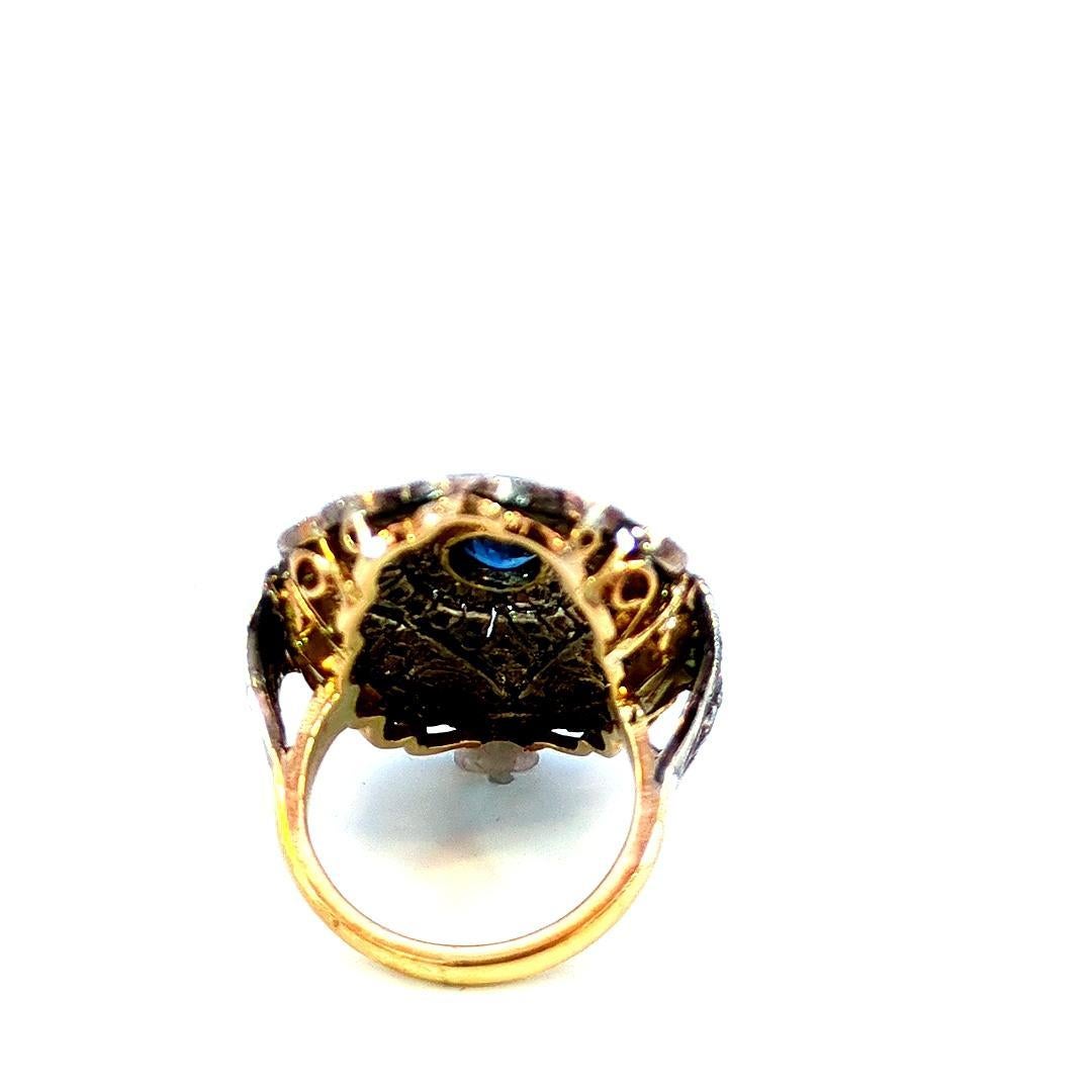 Round Cut 18K Antique 1.80 Carat Diamond 1.30 Carat Blue Sapphire Ring For Sale