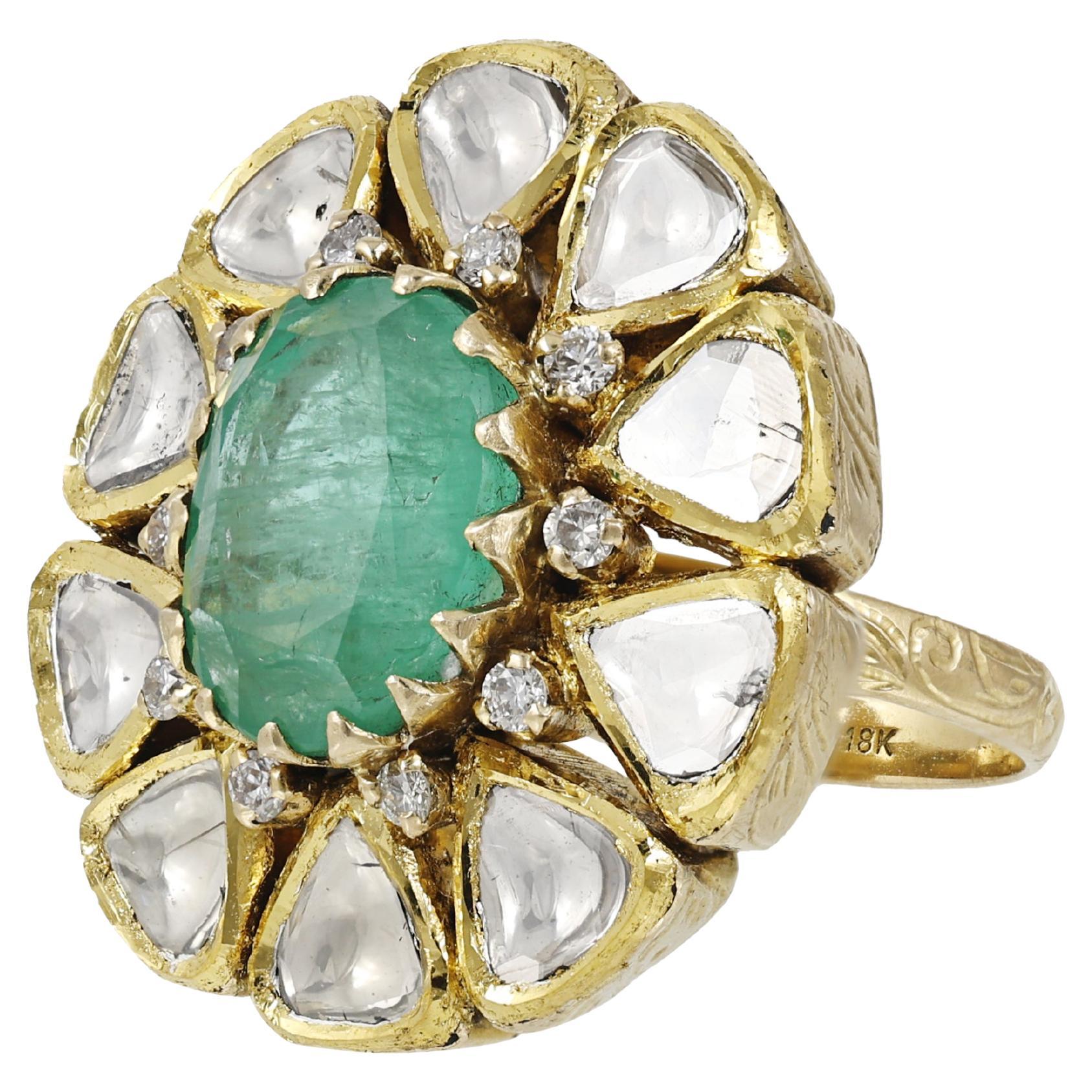18K antique Emerald diamond polki indian ring