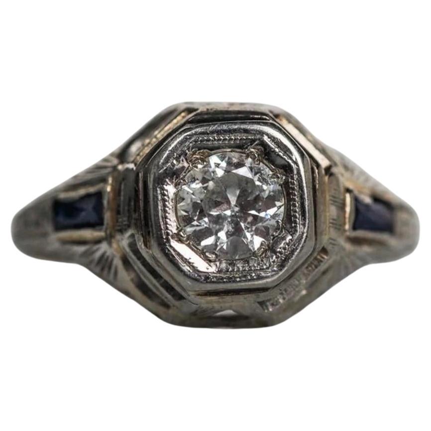 18K Antique Engagement Ring w/ Sapphire & Diamond VEG#34