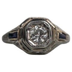 18K Antique Engagement Ring w/ Sapphire & Diamond VEG#34