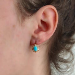 Victorian 18K Gold Turquoise Diamond Halo Earrings, Circa 1890