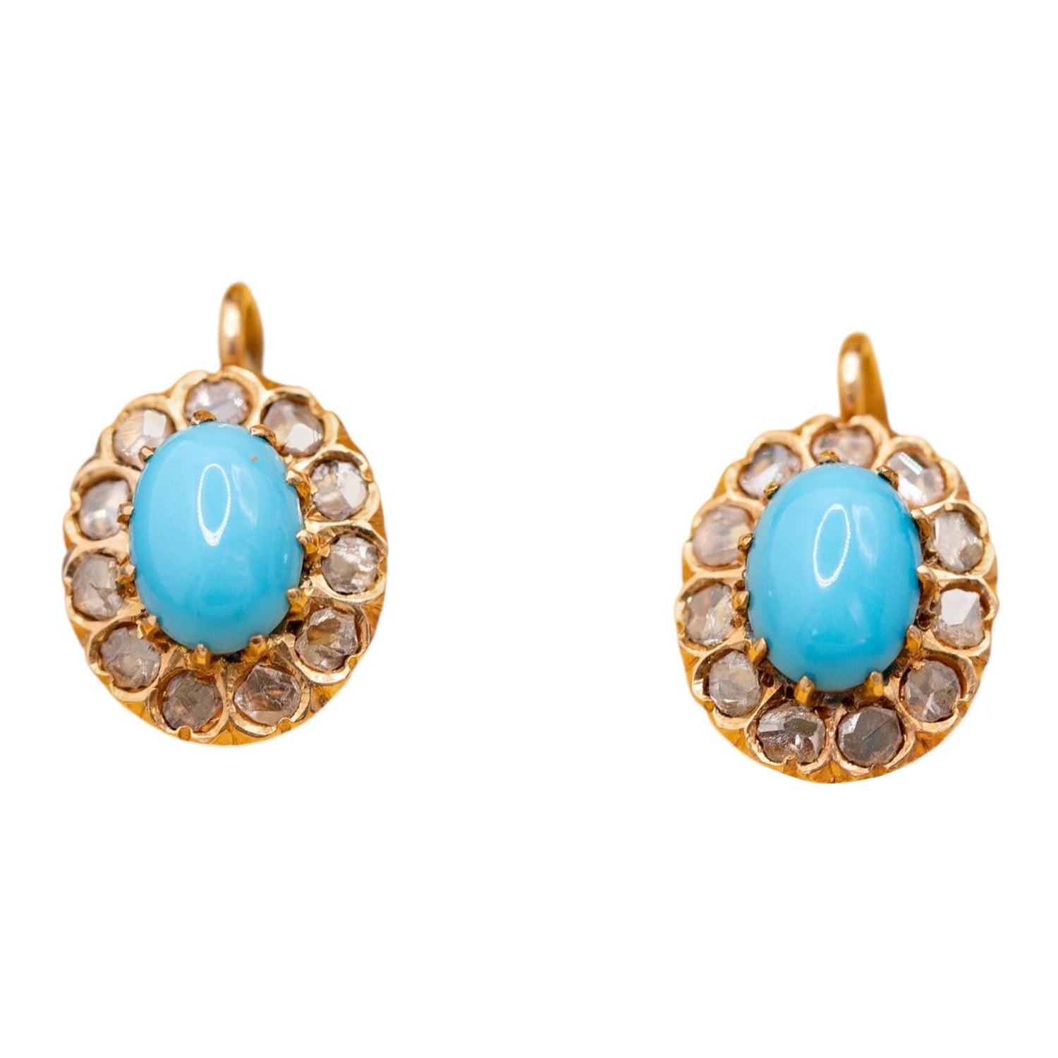 Dormeuse florale ancienne 18k - or massif - Turquoise et diamants en vente