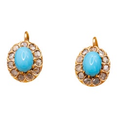 18k Antique floral dormeuse sleepers - solid gold - Turquoise & diamonds