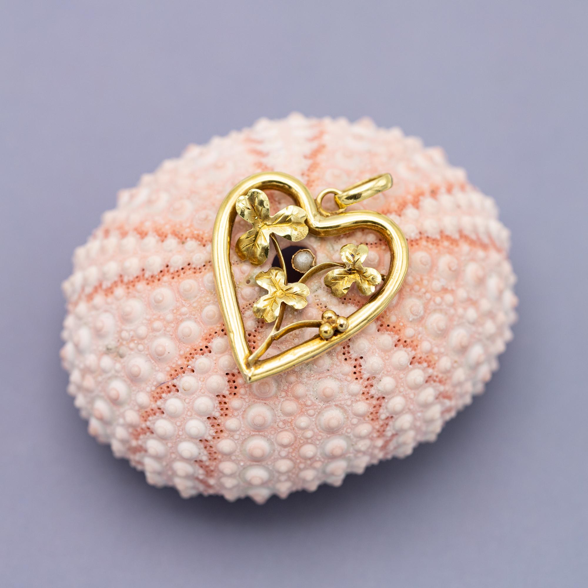 Colgante corazón y trébol 18K Antiguo - Amuleto floral - Medallón del amor 1900 Art Nouveau