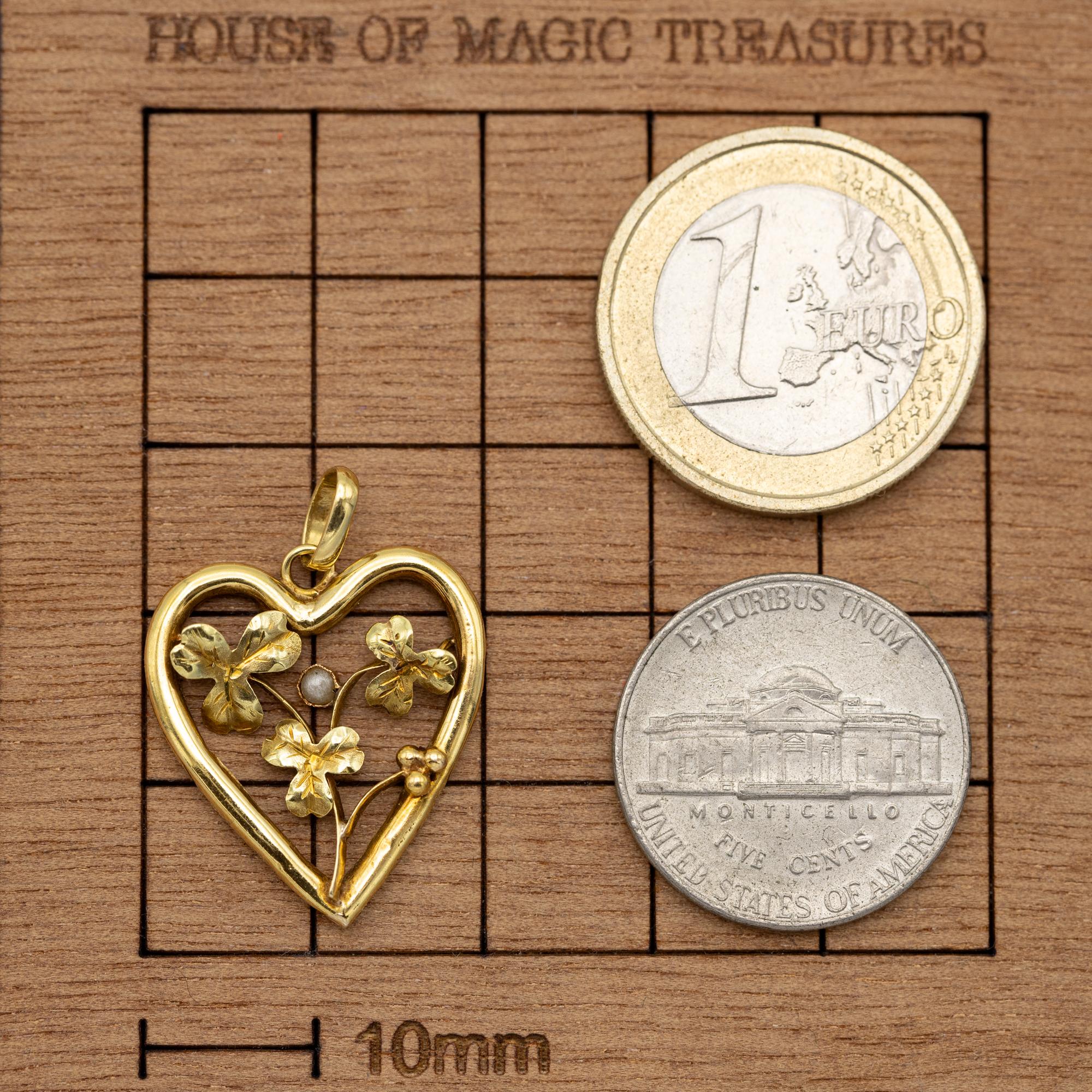 Colgante corazón y trébol 18K Antiguo - Amuleto floral - Medallón del amor 1900 Corte redondo