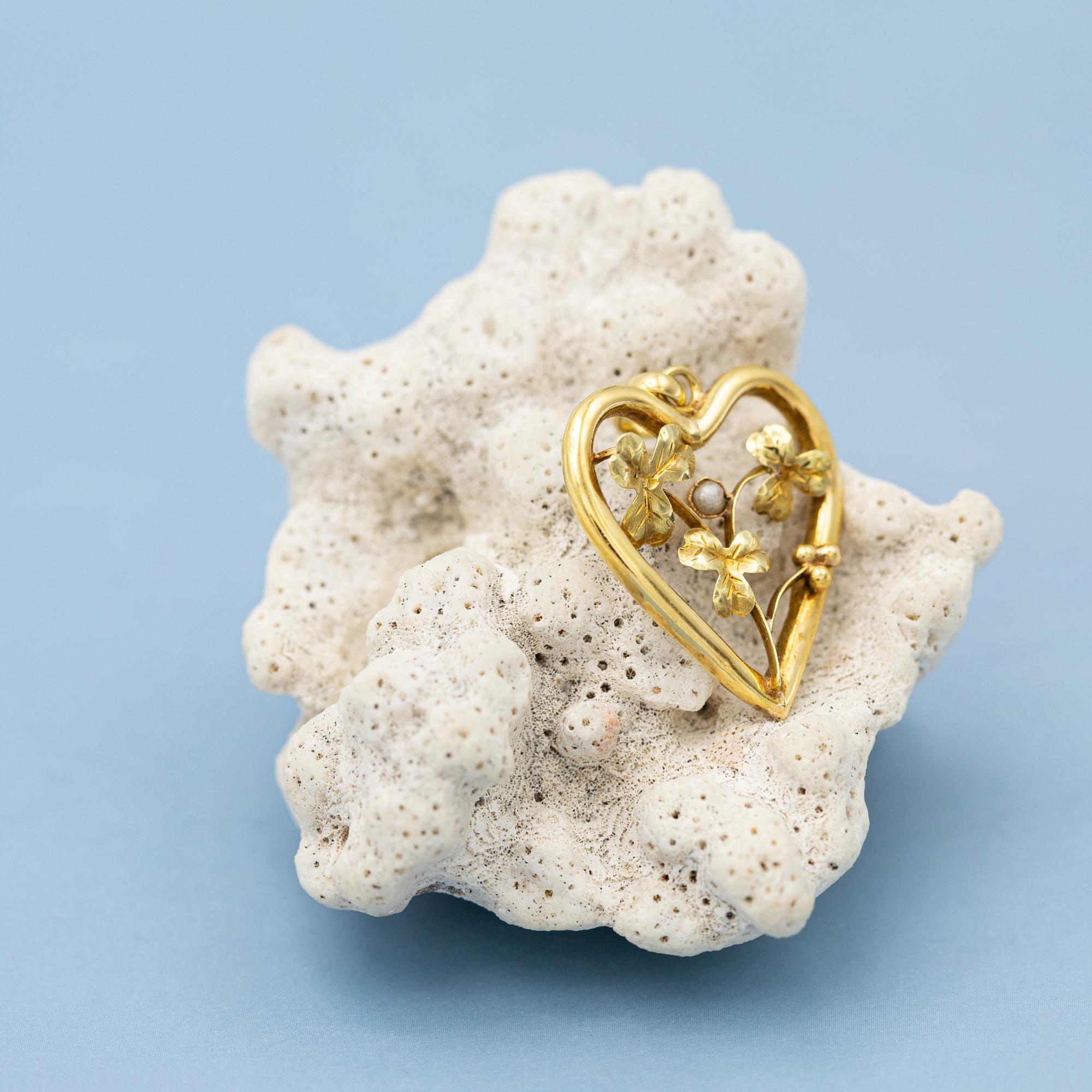 Colgante corazón y trébol 18K Antiguo - Amuleto floral - Medallón del amor 1900 1