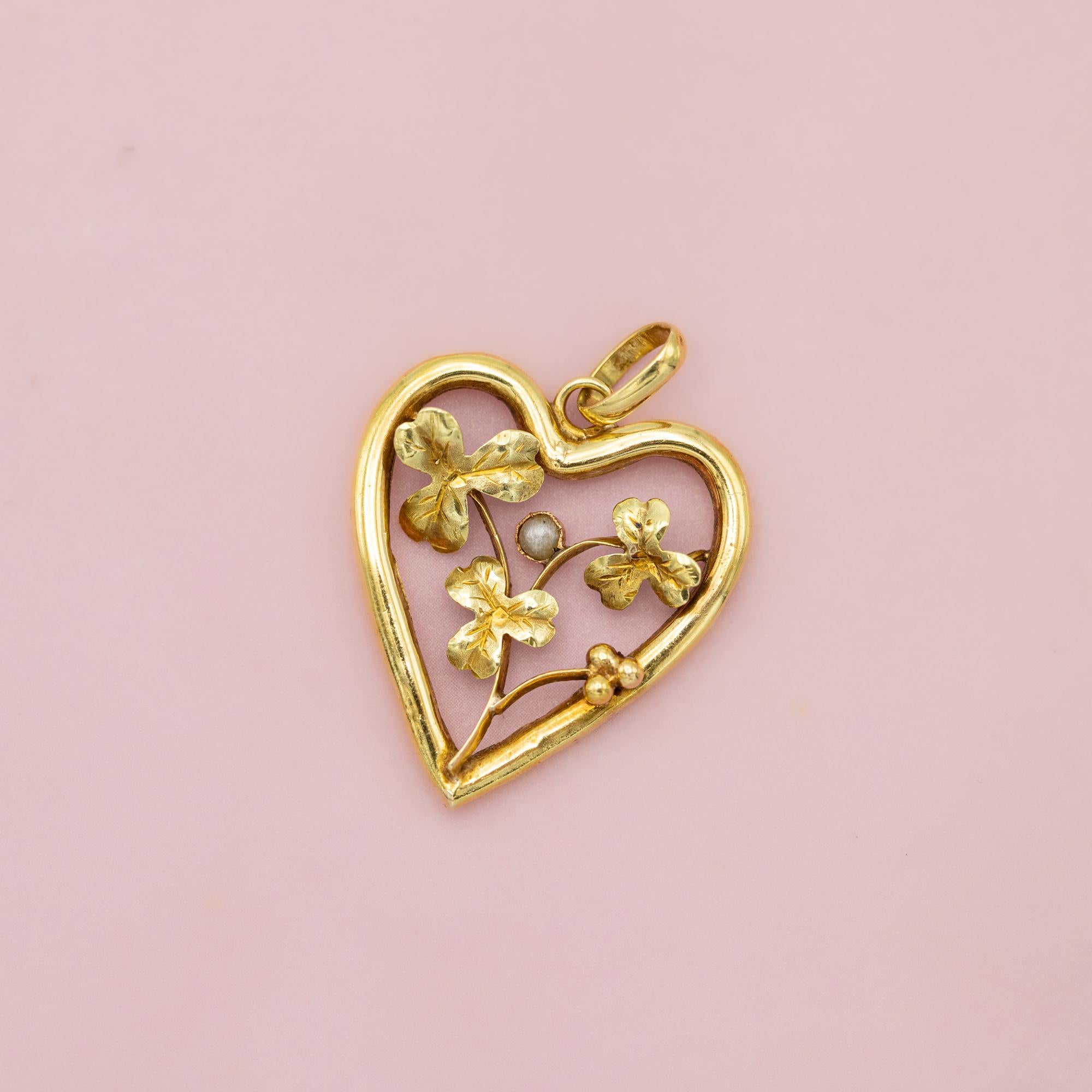 Colgante corazón y trébol 18K Antiguo - Amuleto floral - Medallón del amor 1900 2