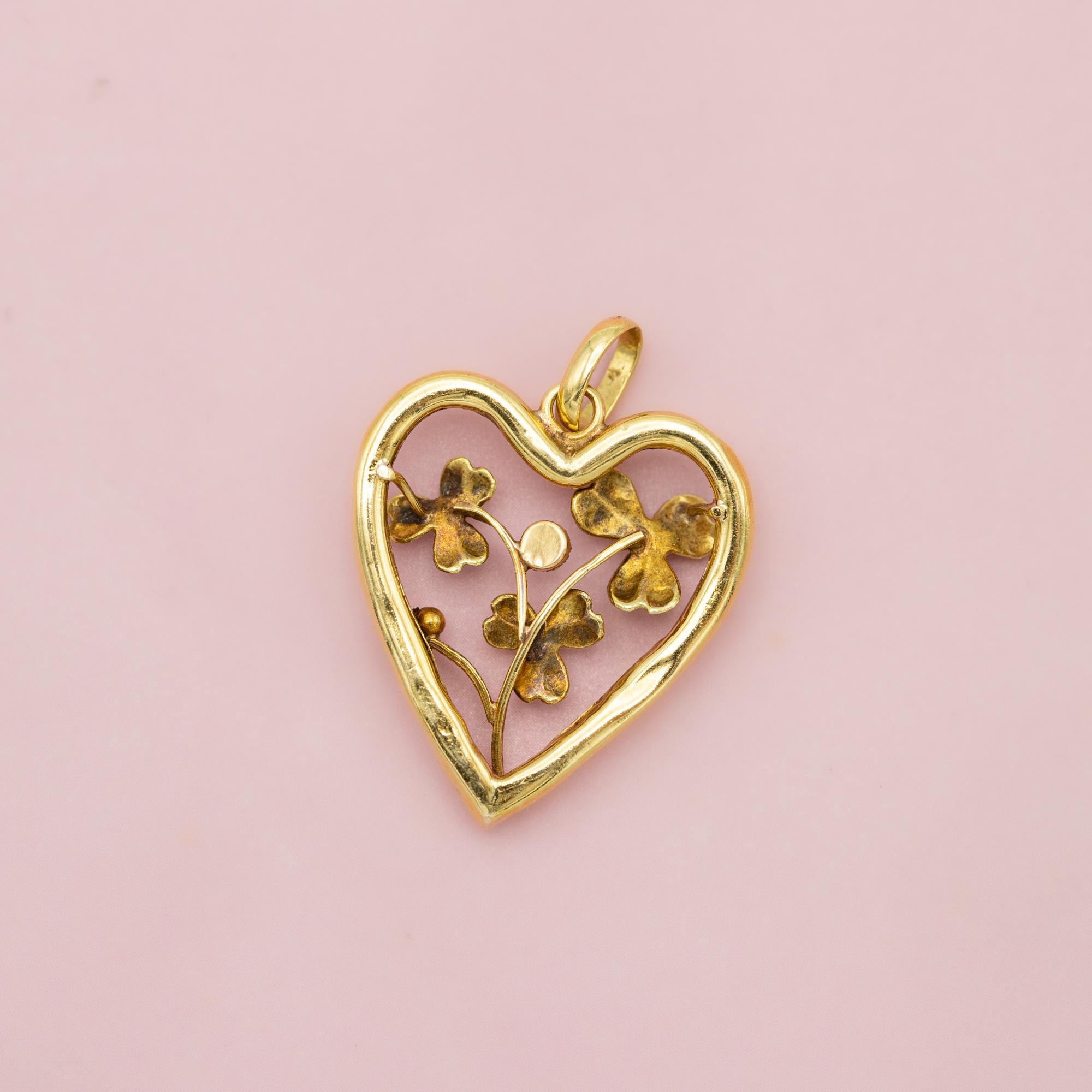 Colgante corazón y trébol 18K Antiguo - Amuleto floral - Medallón del amor 1900 3