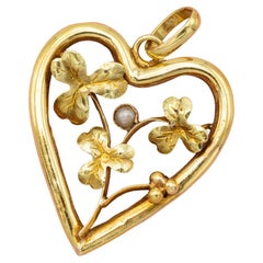 Colgante corazón y trébol 18K Antiguo - Amuleto floral - Medallón del amor 1900