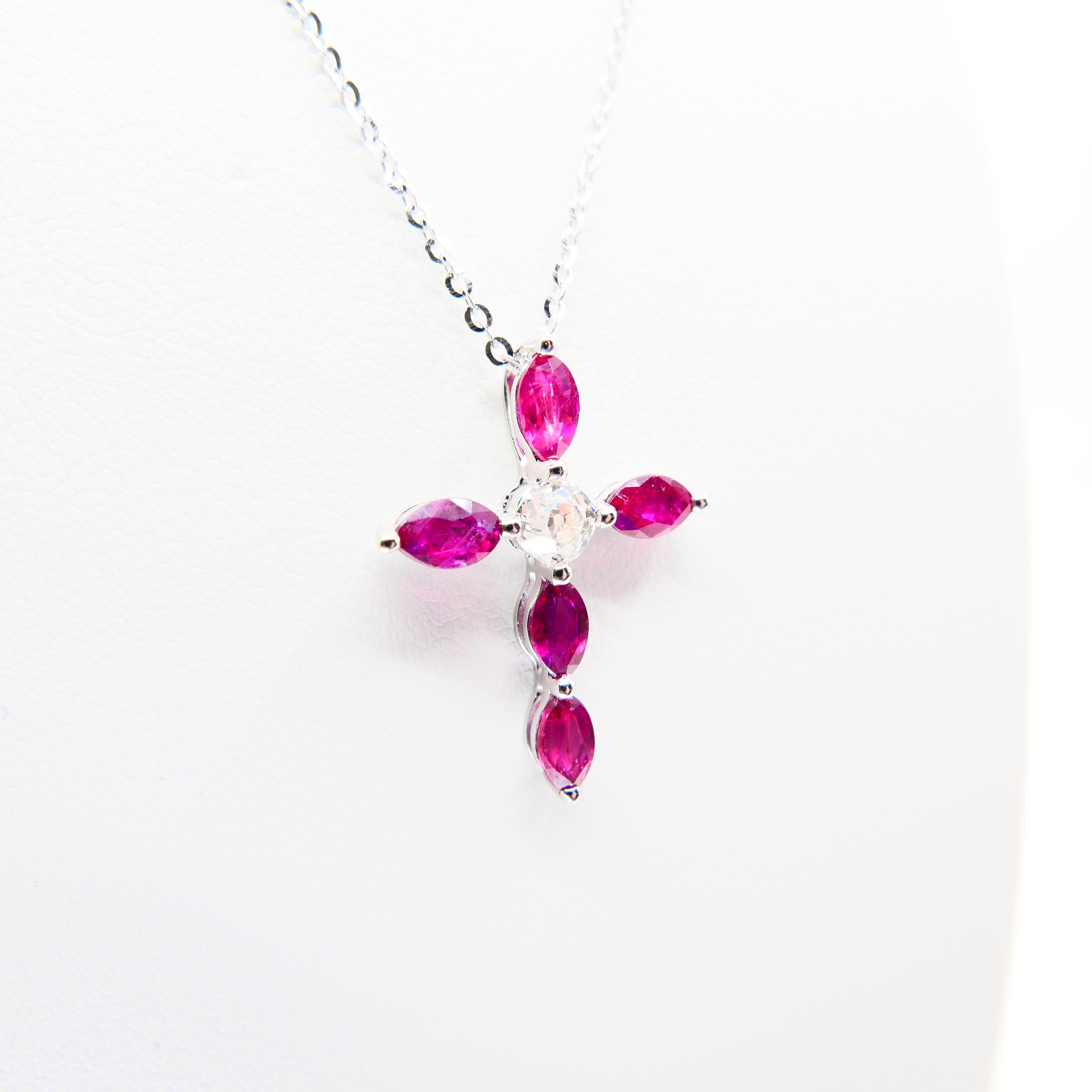 18 Karat Old Mine Cut Diamond and Burma Rubies Cross Pendant Drop Necklace In New Condition In Hong Kong, HK