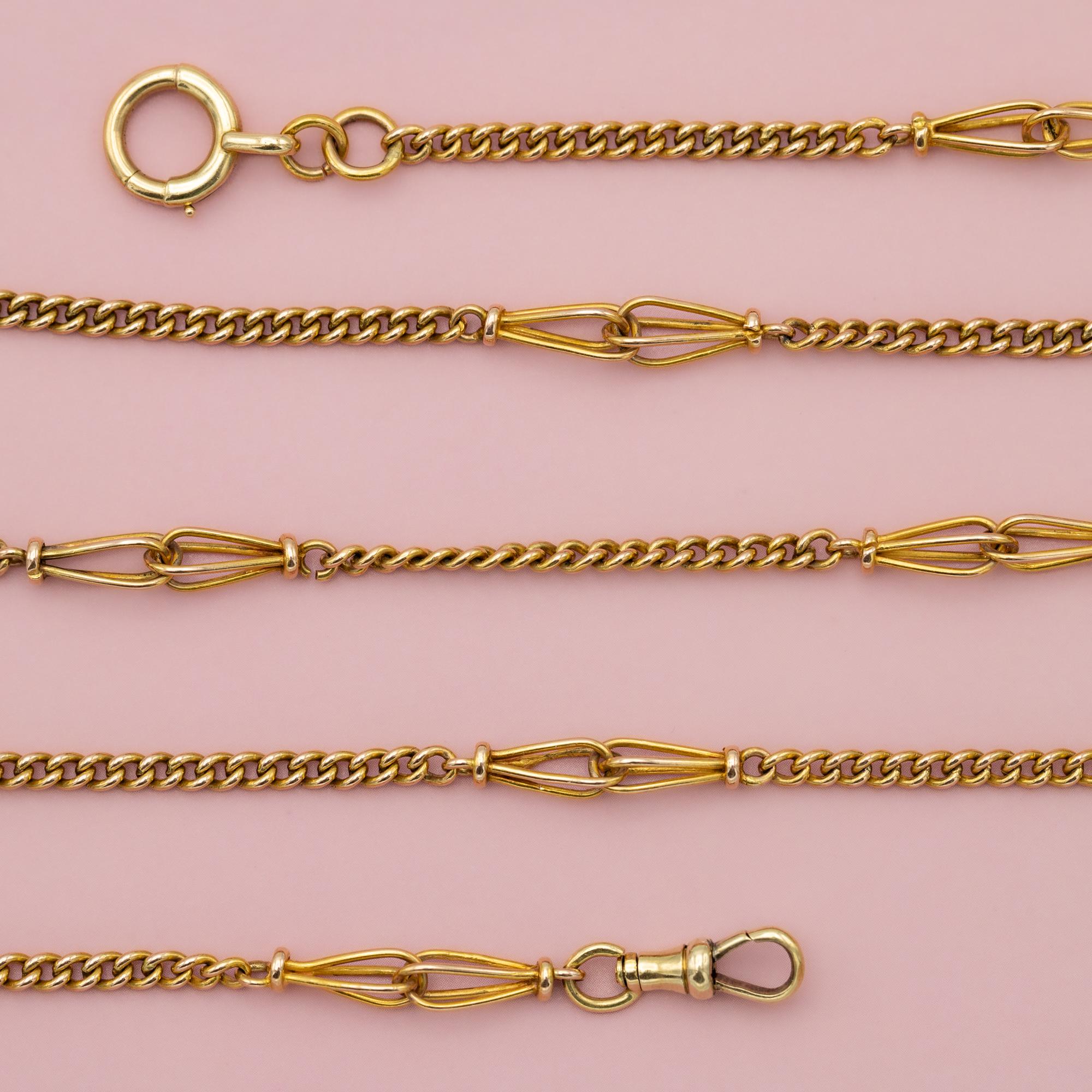 18k Antique solid gold Sautoir - Victorian necklace - Long guard chain dog clasp For Sale 1