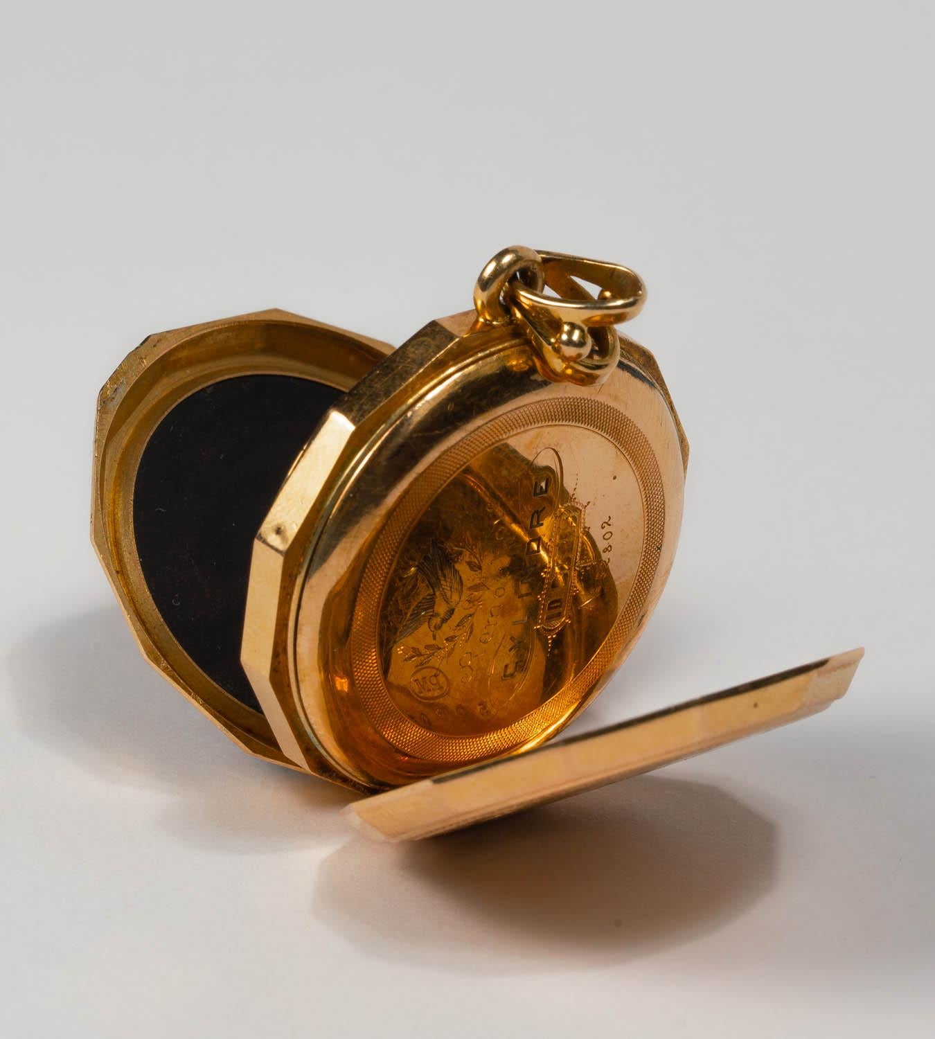 18K Antique Victorian Onyx Mourning Locket, Remontoir Watch Gold Bird Locket 4