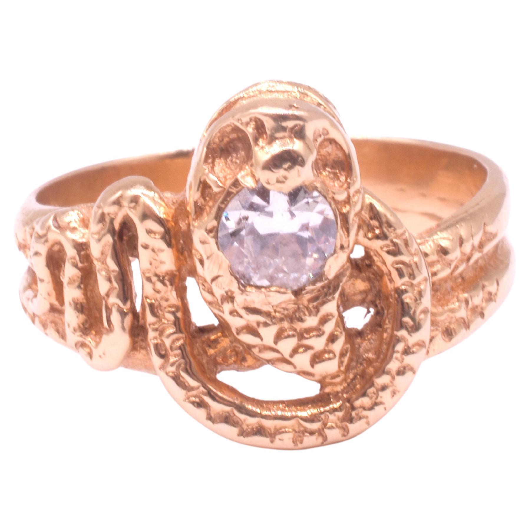 Anillo Victoriano Antiguo de Serpiente de 18K con Cabeza de Diamante y Detalles Tallados en venta