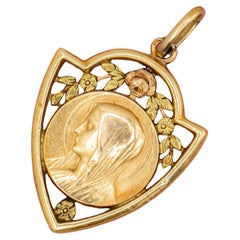 18K Antique Virgin Mary pendant - Religious Floral Catholic charm