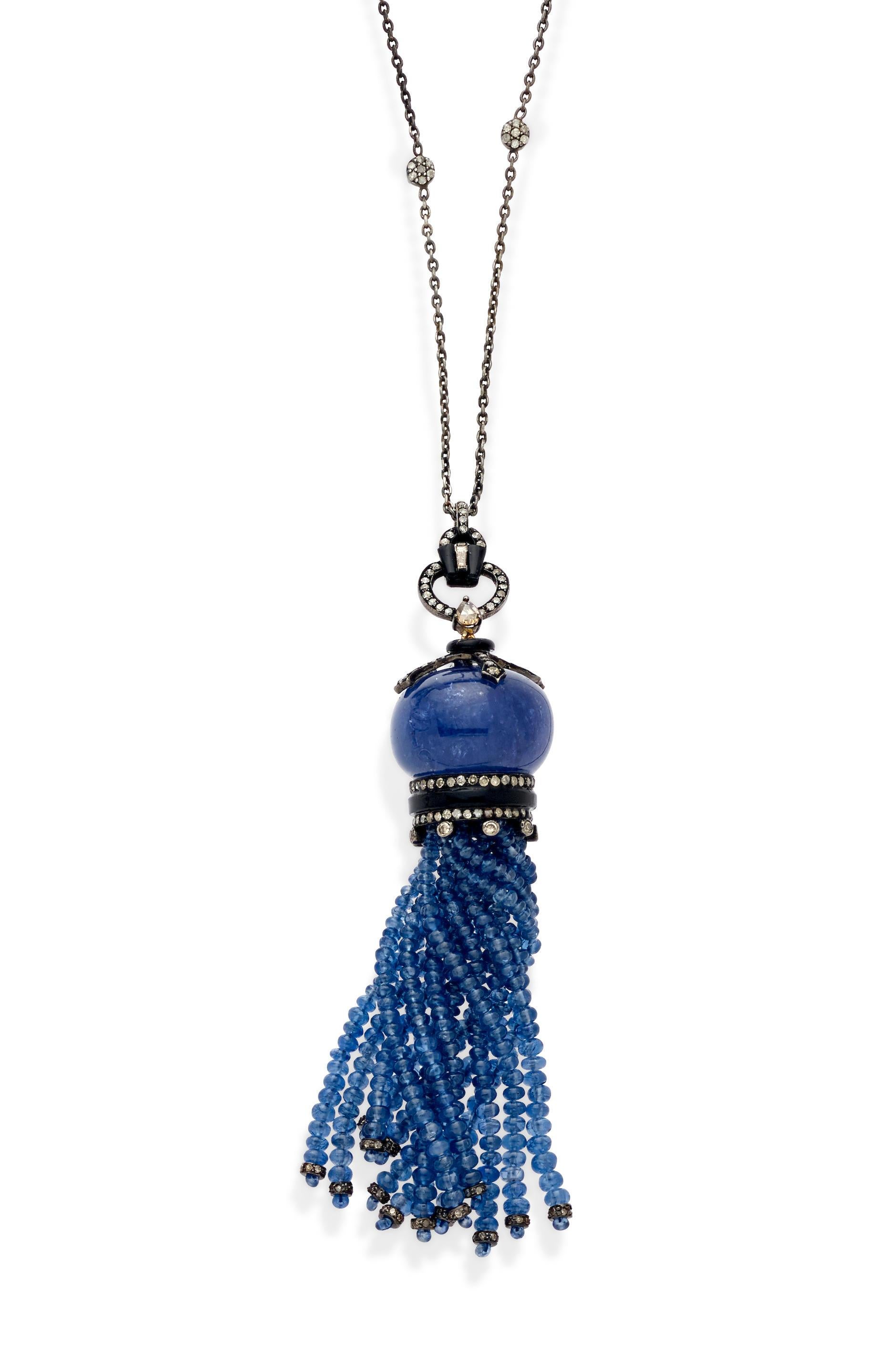 Women's or Men's 18k Antiqued Gold & Silver Tassel Necklace W/Tanzanite & Diamonds For Sale