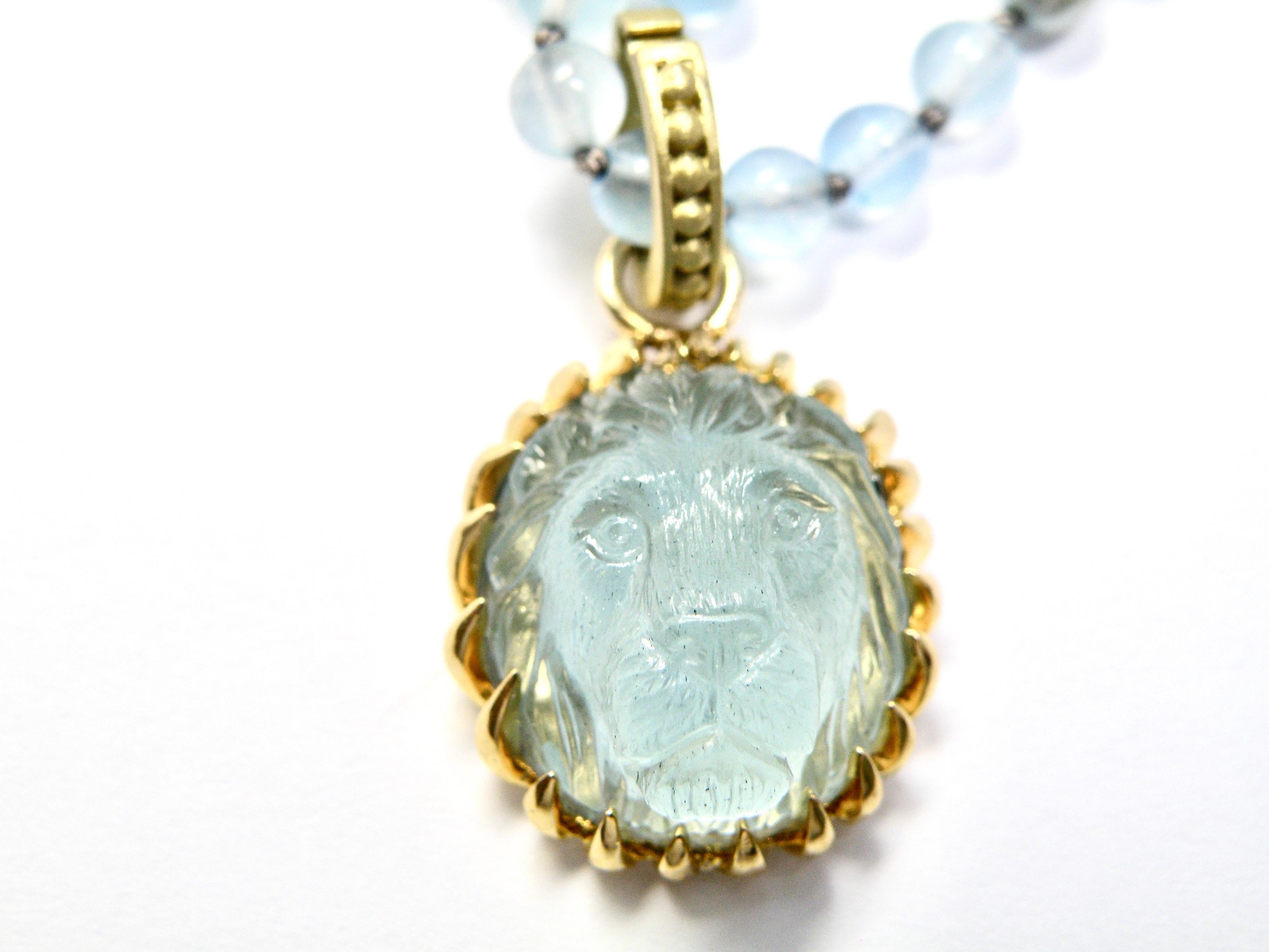 18K aquamarine hand carved lionshead pendant by master Idar Oberstein carver. 15mm