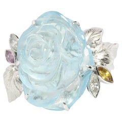 18k Aquamarine Sapphire ring. Carved Flower Aquamarine with Diamonds Sapphires