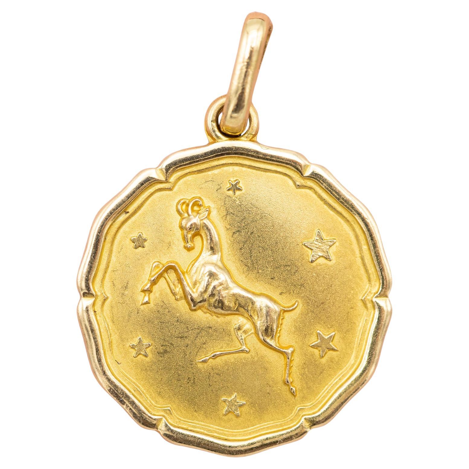 18K Aries, Vintage 18 karat zodiac charm pendant - solid yellow gold - Star Sign